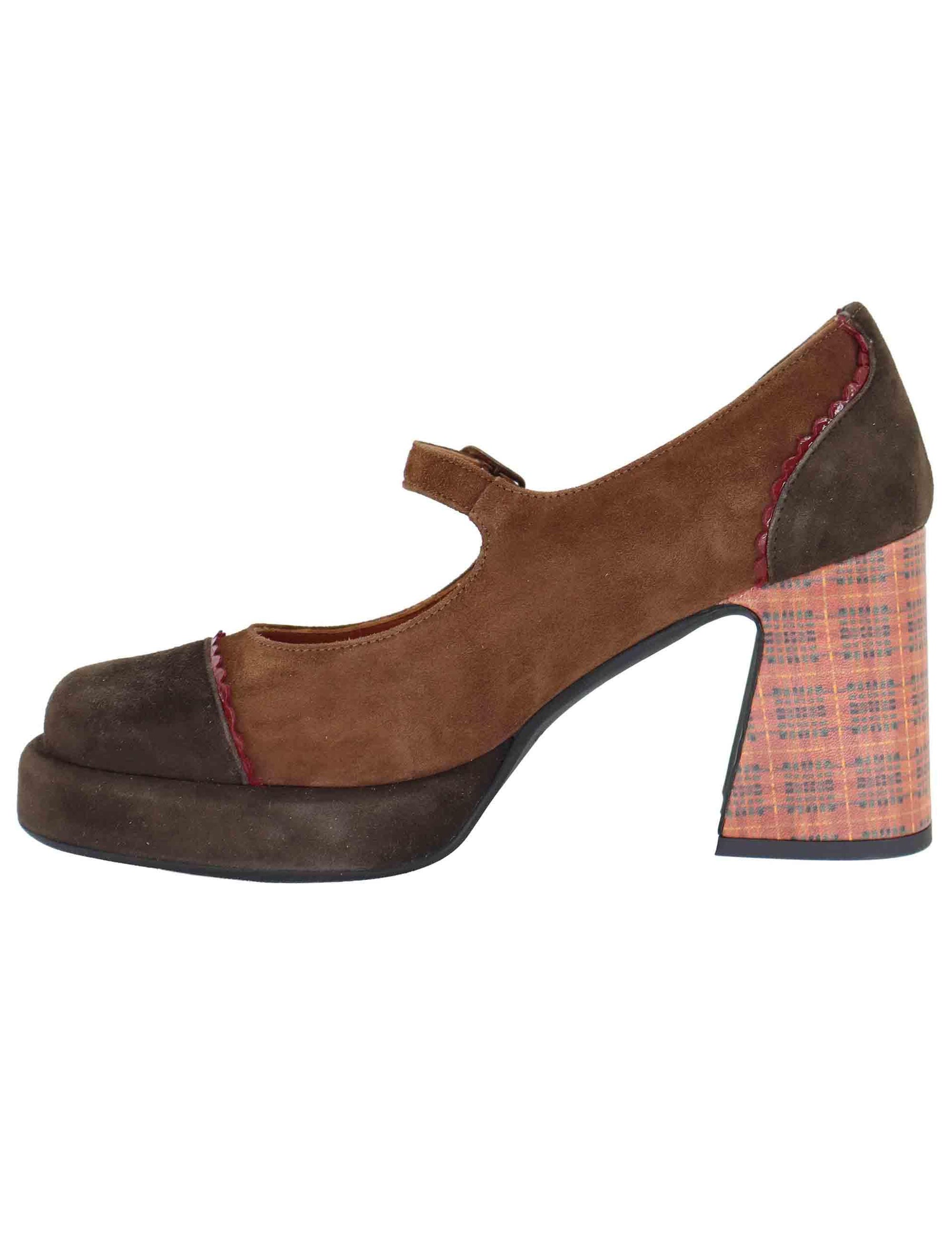 Decollete donna in camoscio marrone con cinturino e tacco alto 9619Z 014 Les Venues 