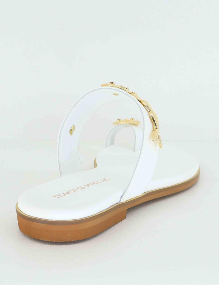 Sandali flat infradito donna in pelle bianca con gioiello U41005011652 501 Tsakiris Mallas 