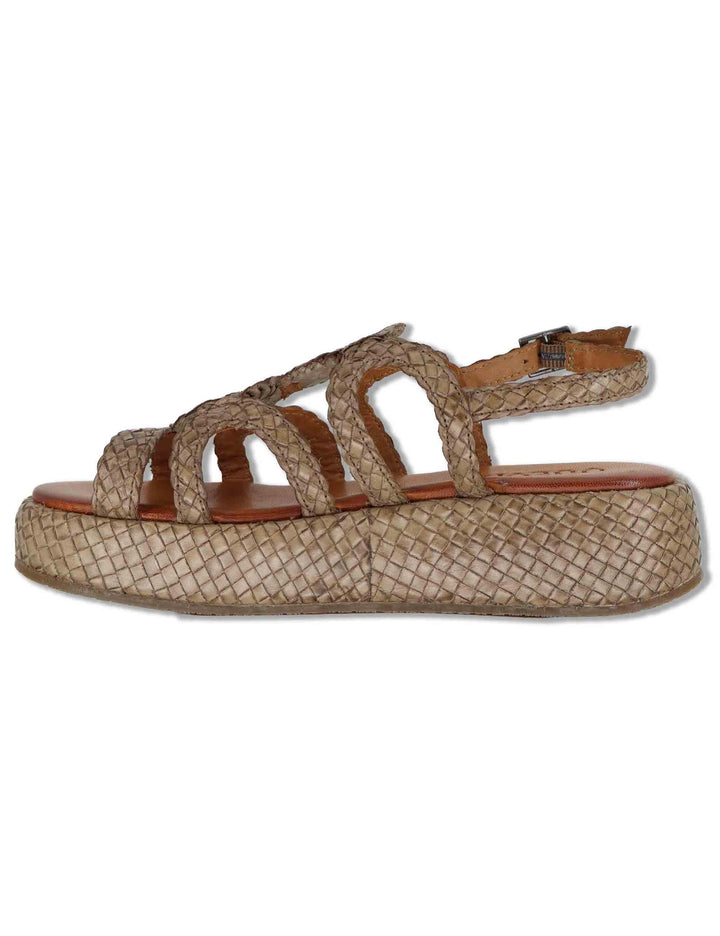 Sandali donna in pelle intrecciata taupe con zeppa e cinturino posteriore WD511R04 500021 Vueva 