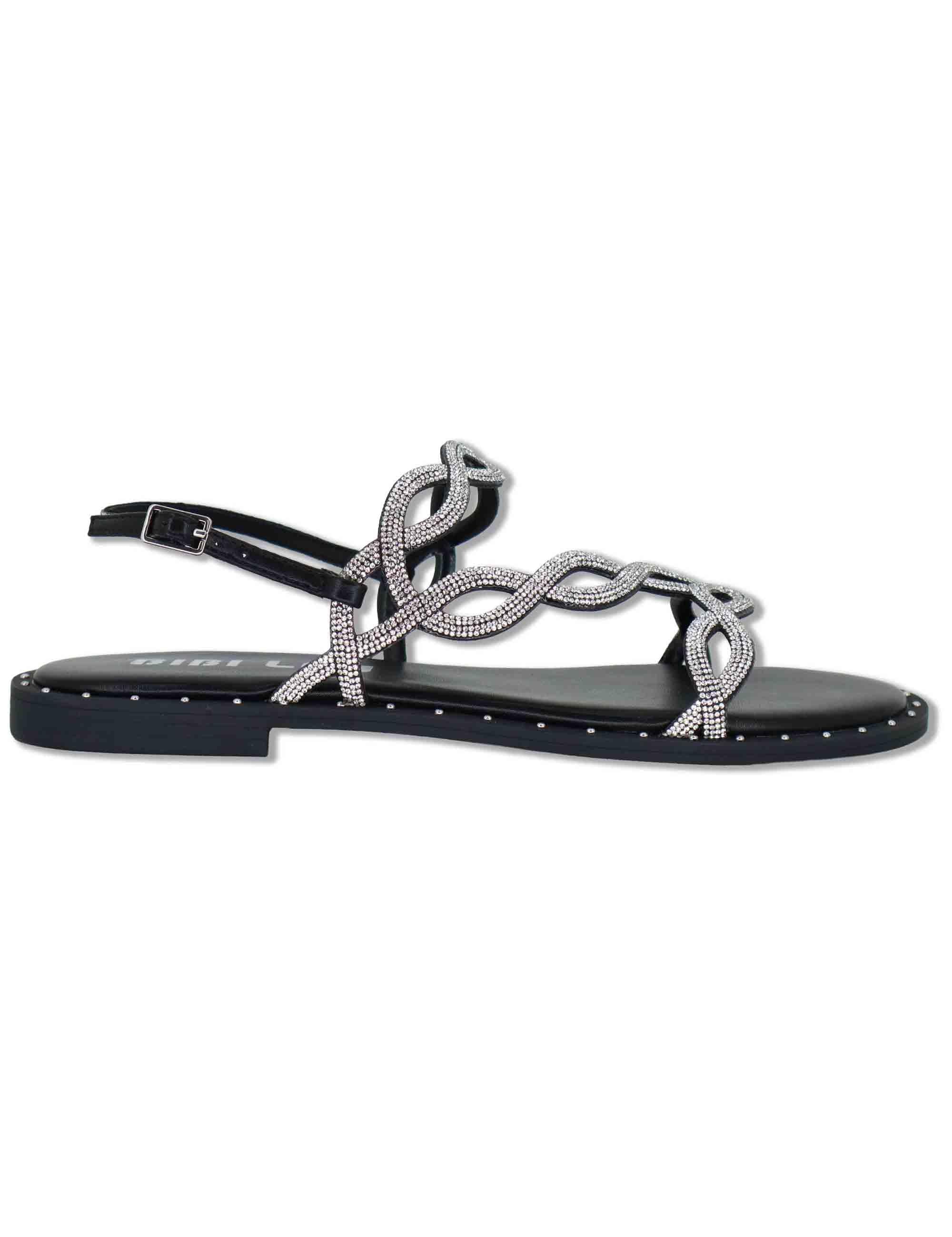 Sandali flat donna in pelle e strass argento con cinturino regolabile Illion 888Z00HG 09-PLOMO Bibi Lou 