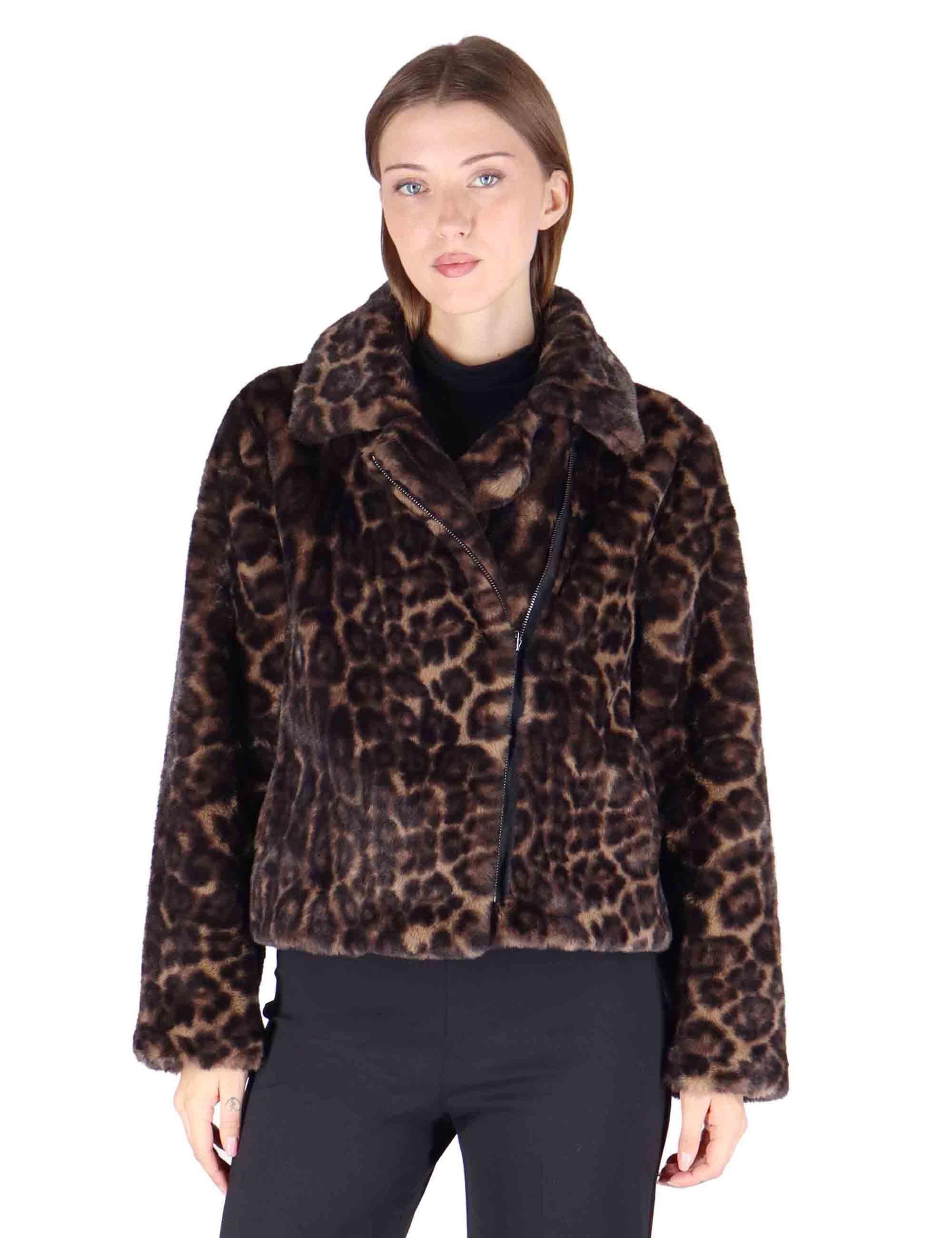 Bomber donna in eco fur animalier con zip effetto pelliccia SP25313 GREY LEOPARD Spatarella 