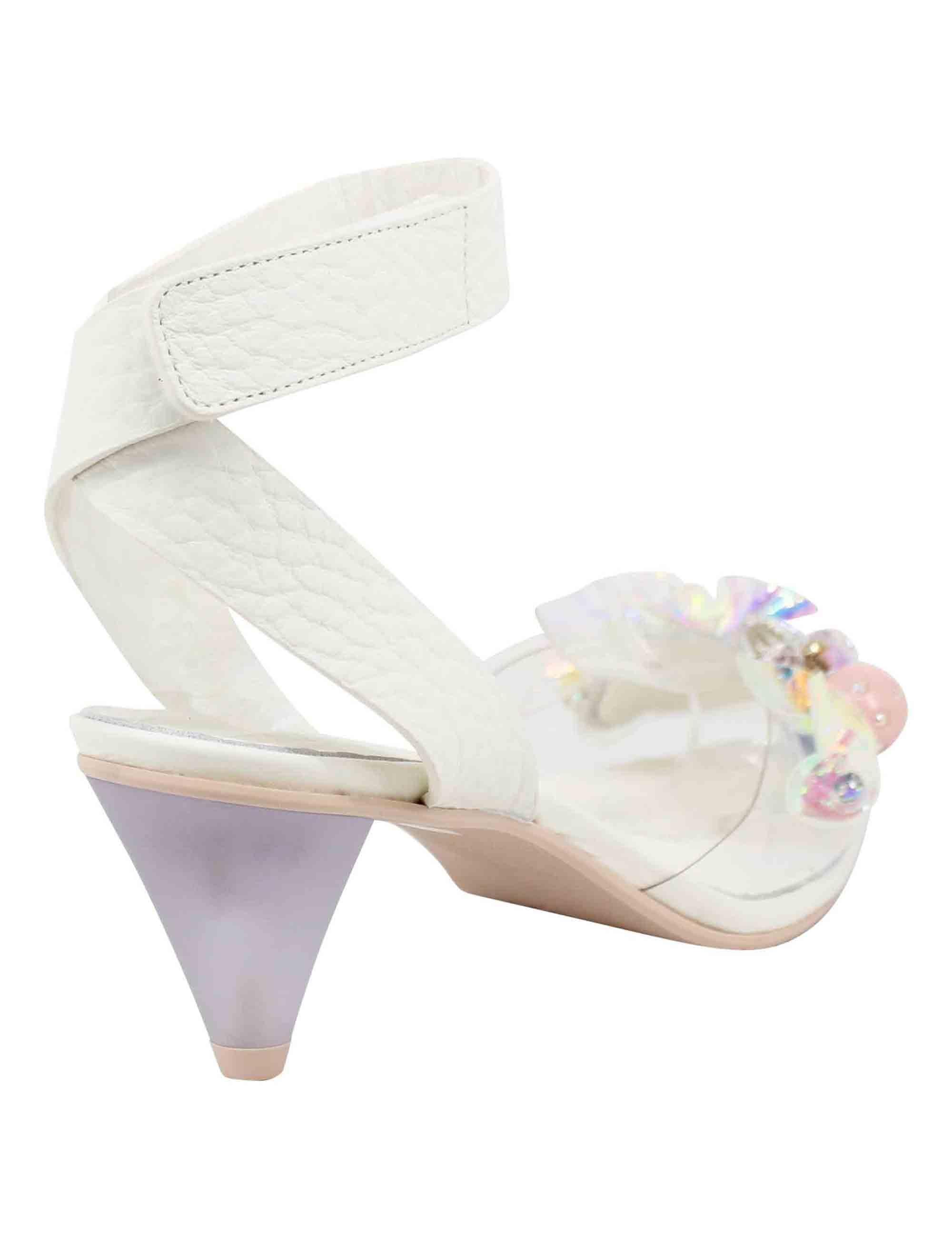 Sandali donna in pelle bianca con cinturino alla caviglia e accessori luminosi 7600 100 Ras 