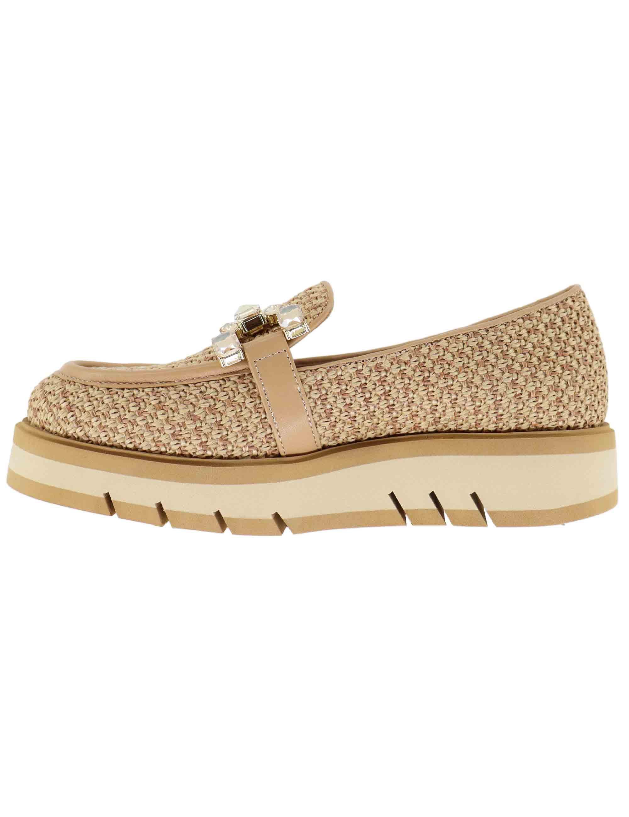 Mocassini donna in pelle e tessuto beige con gioiello BL1603X 017 Bruno Premi 