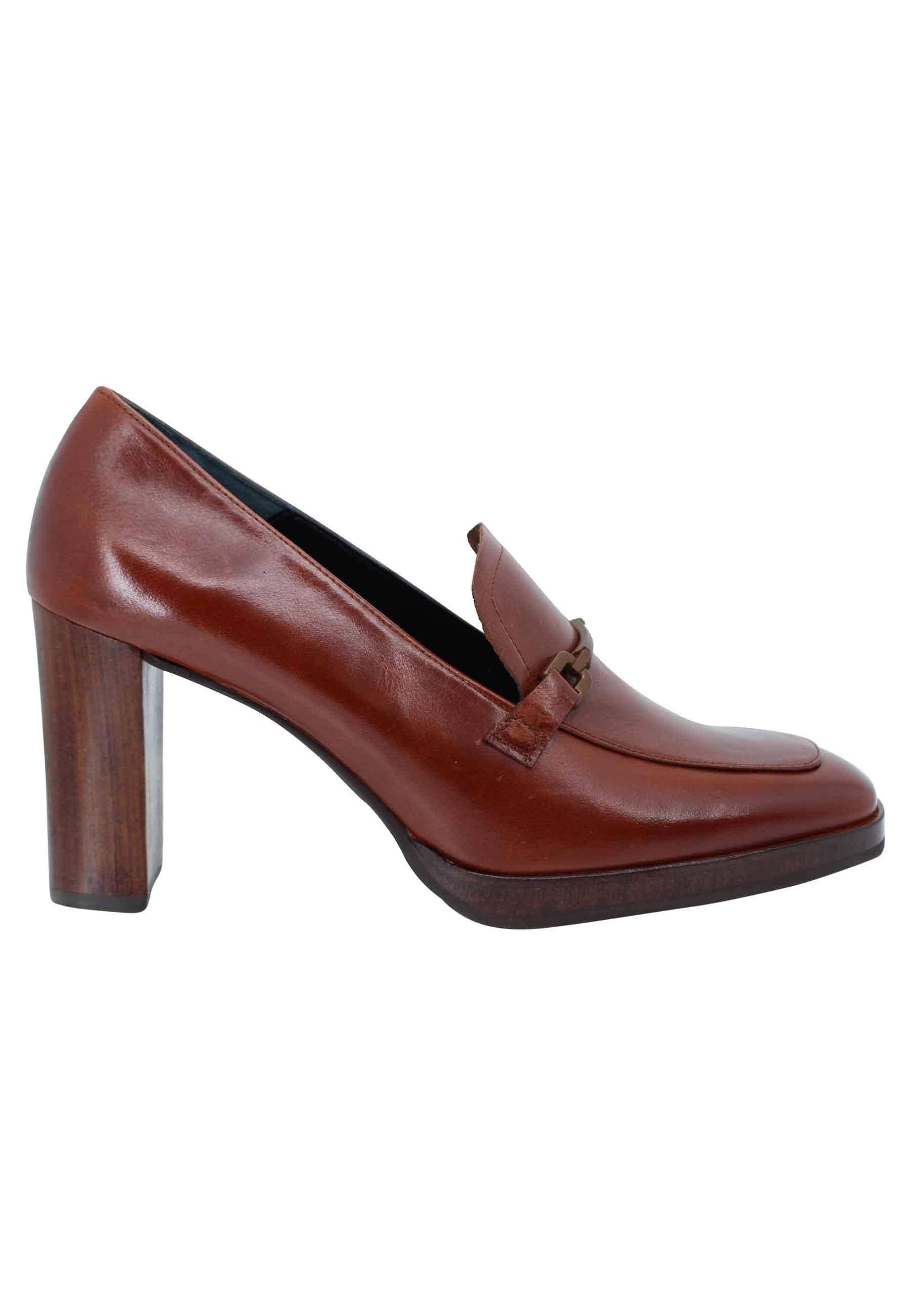 Mocassini donna in pelle cuoio tacco alto e punta quadra con morsetto in tinta 2018 014 Zinda 