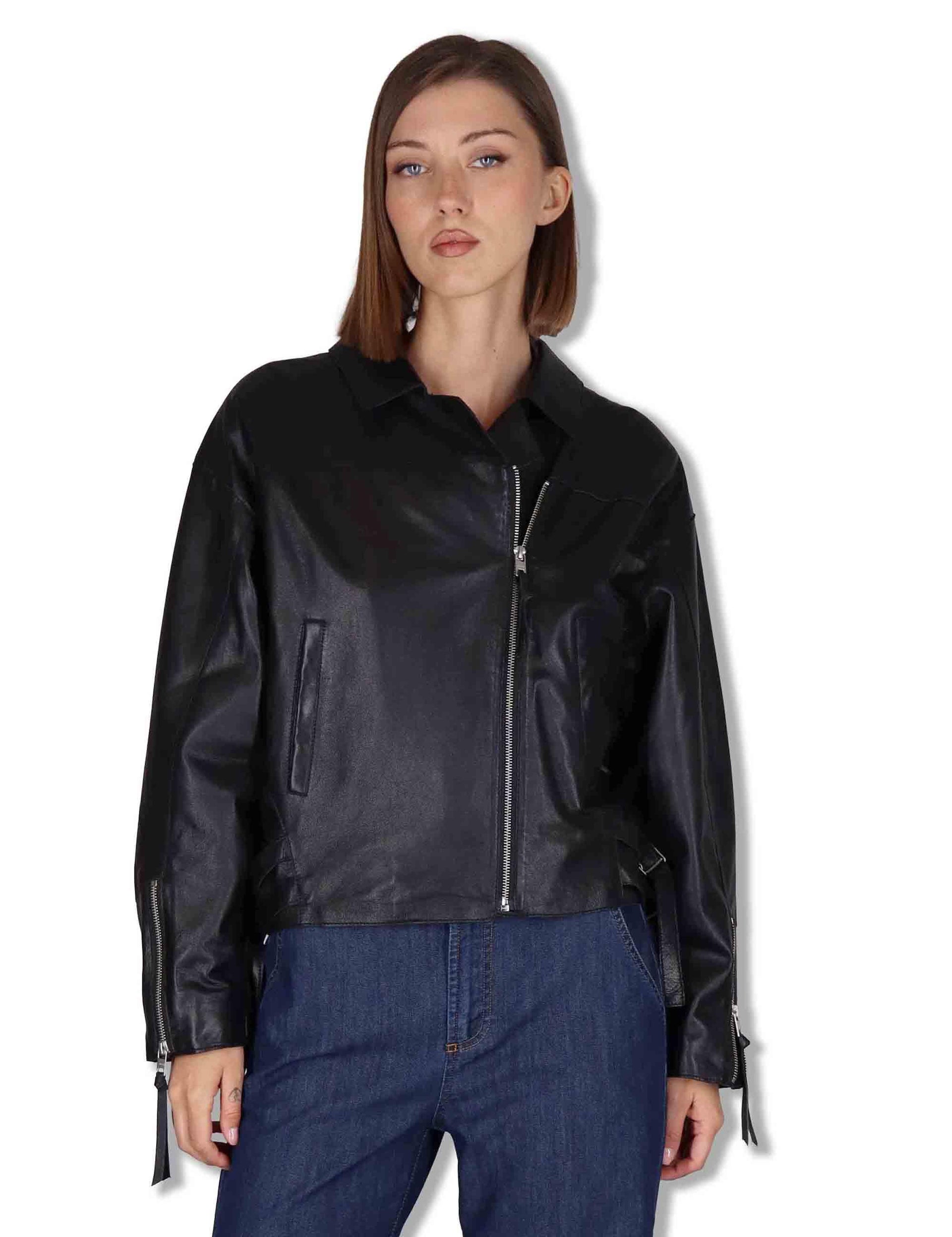 Giubbini donna chiodo in pelle nera con zip e tasche RWJ104 047 Rehard 