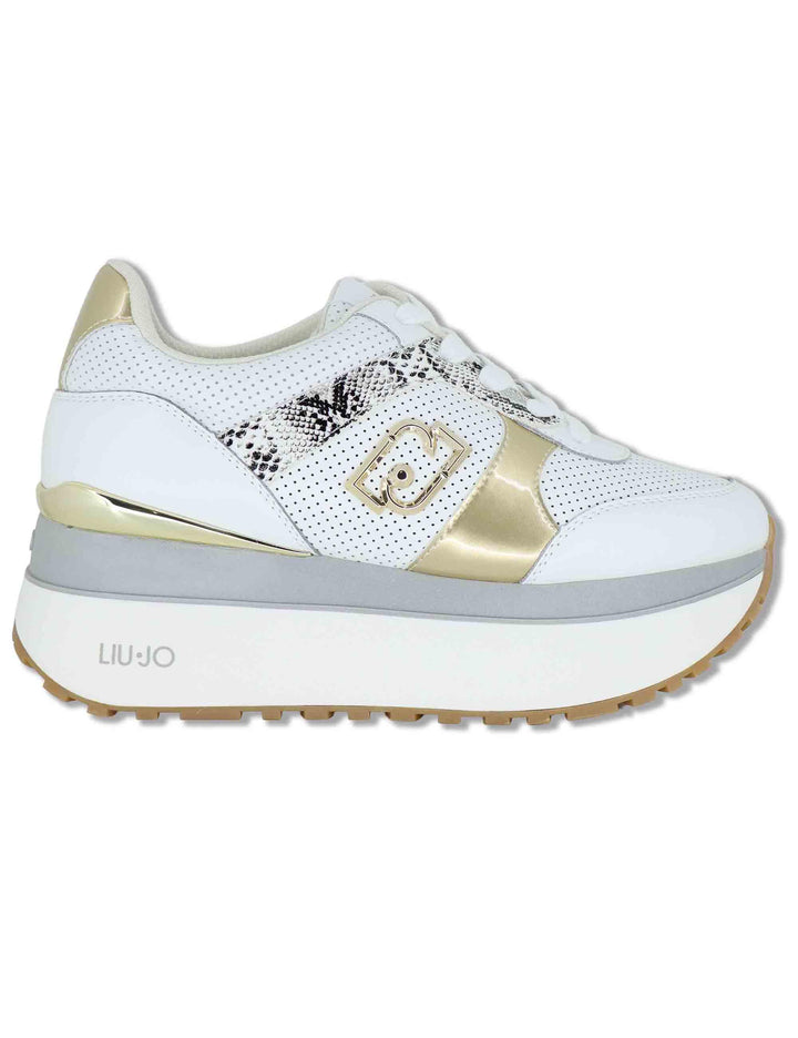 Sneakers donna in pelle bianca con riporti in contrasto e suola alta 5cm MAXI WONDER 02 BIS GOLD Liu-Jo 