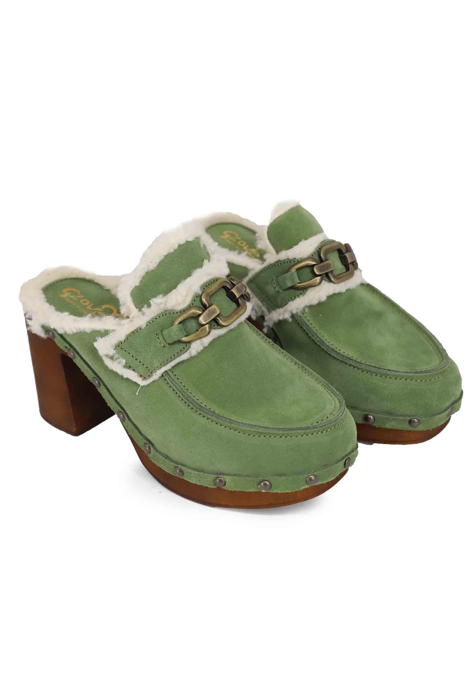 Zoccoli donna in camoscio verde con fodera in eco fur e tacco alto 8850 005 Glove 