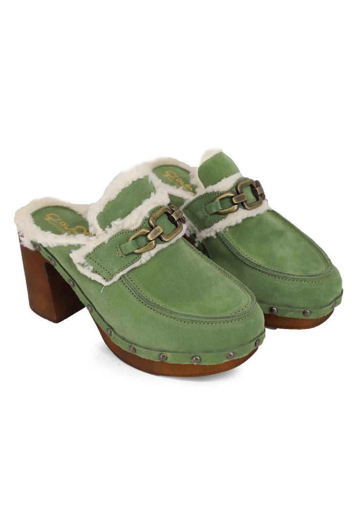 Zoccoli donna in camoscio verde con fodera in eco fur e tacco alto 8850 005 Glove 