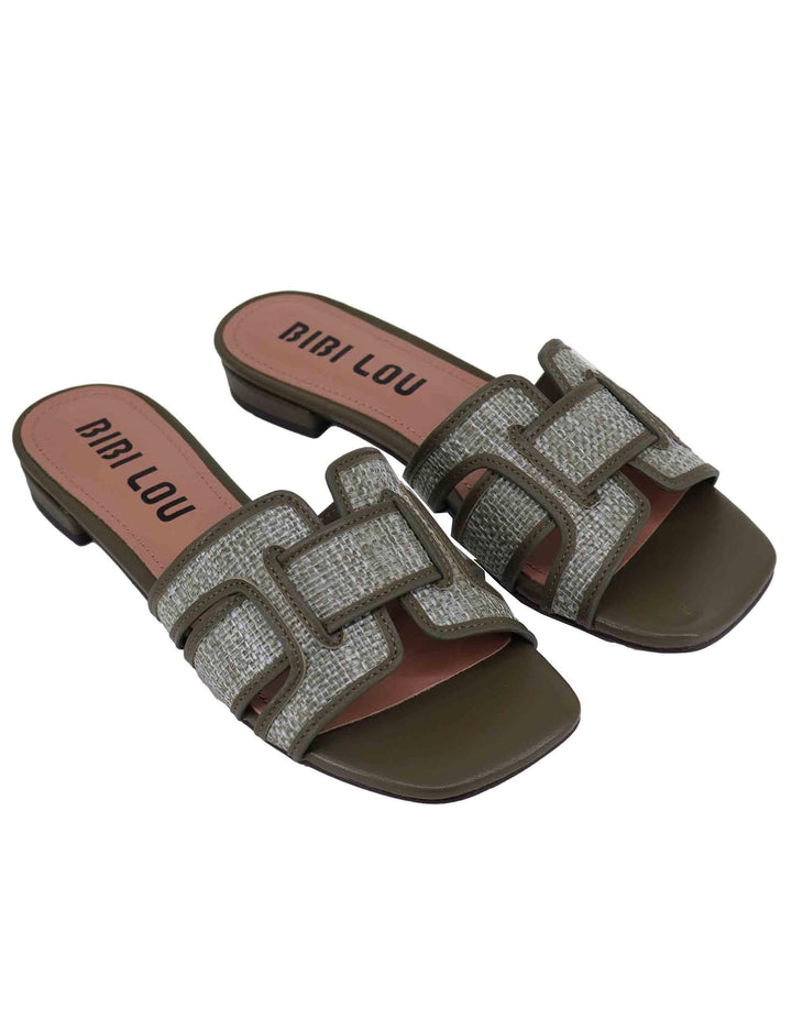Sandali flat donna Holly in pelle e rafia verde 760Z69VK 025 Bibi Lou 