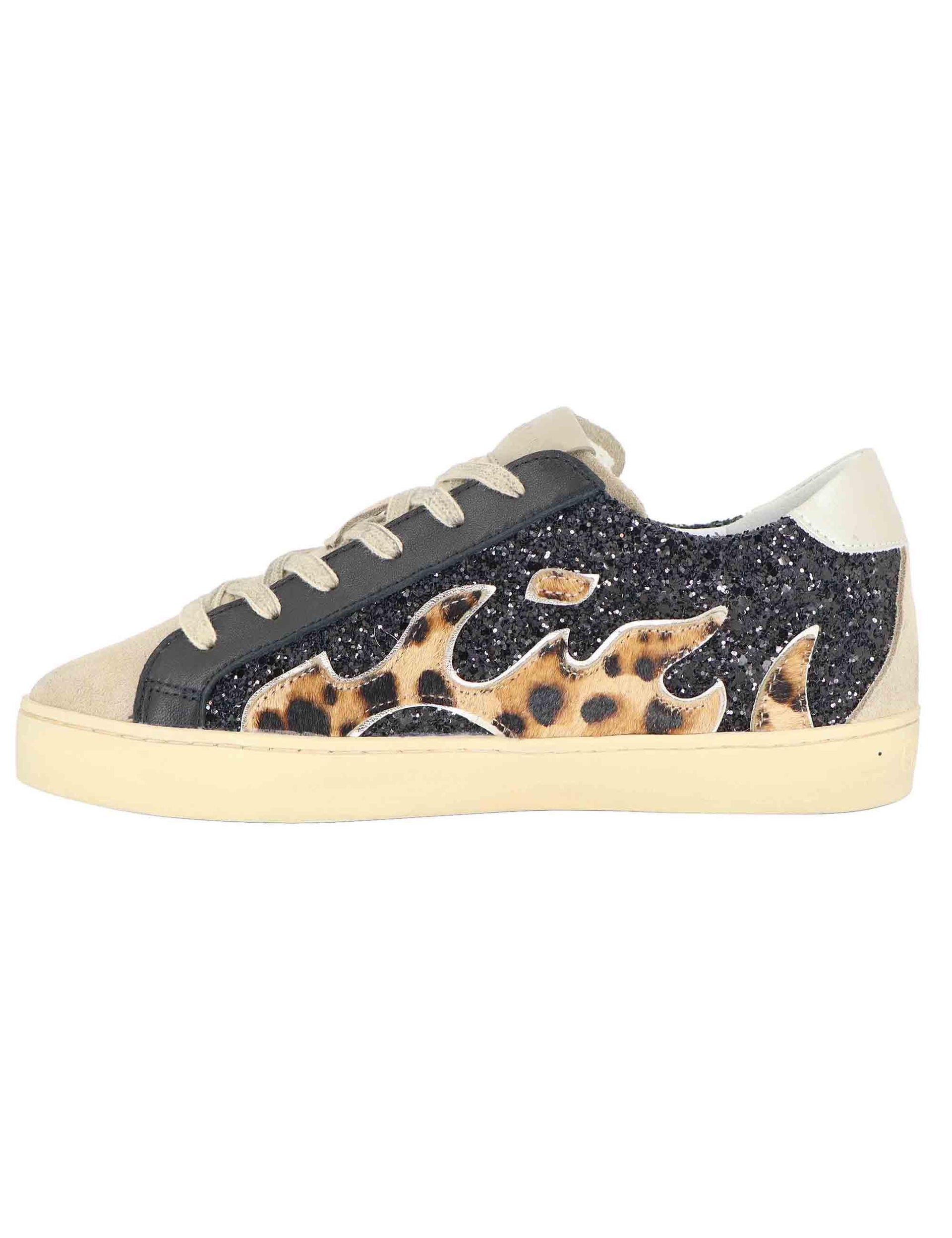 Sneakers donna in glitter nero con logo animalier D0058S05 03 Gamin 