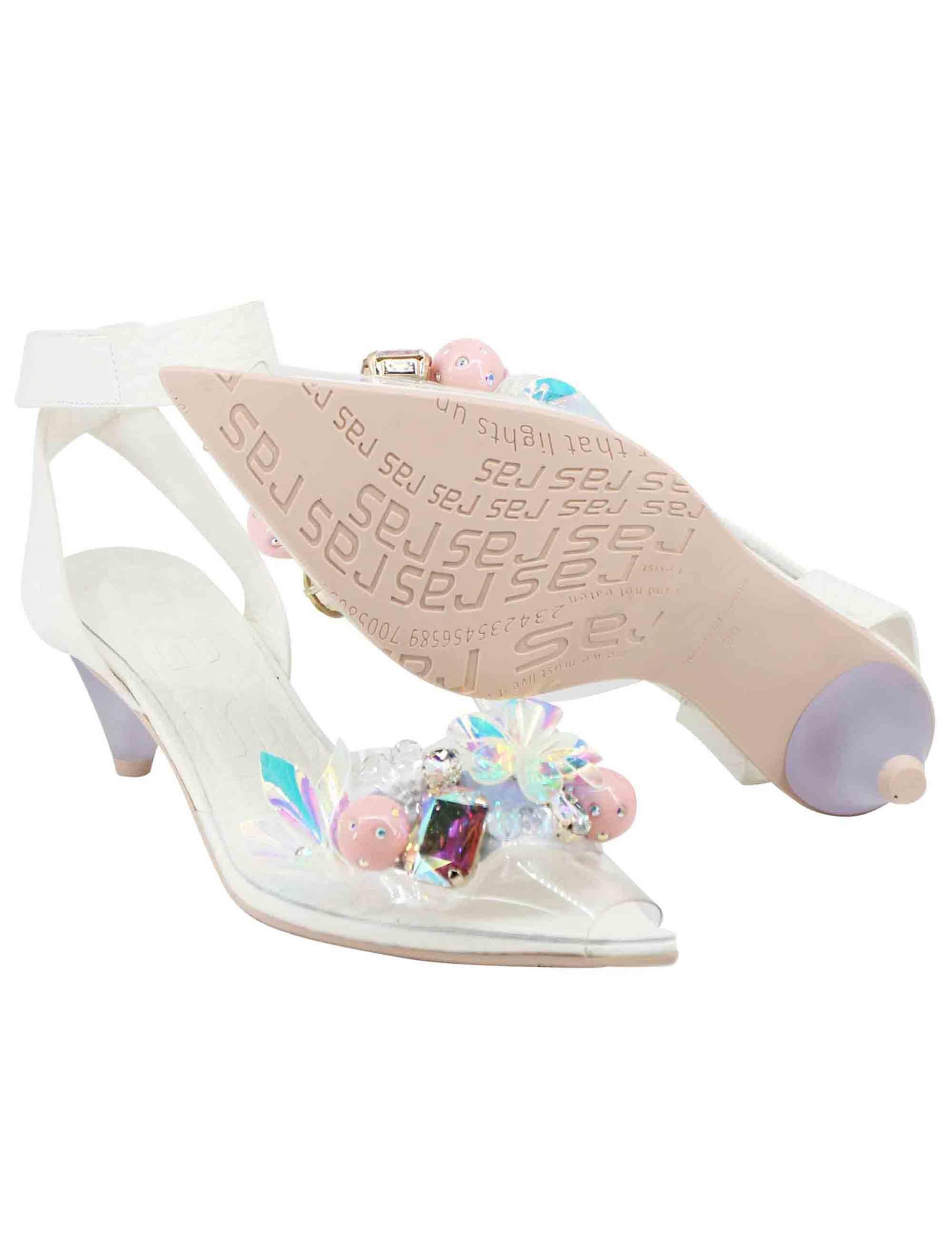 Sandali donna in pelle bianca con cinturino alla caviglia e accessori luminosi 7600 100 Ras 