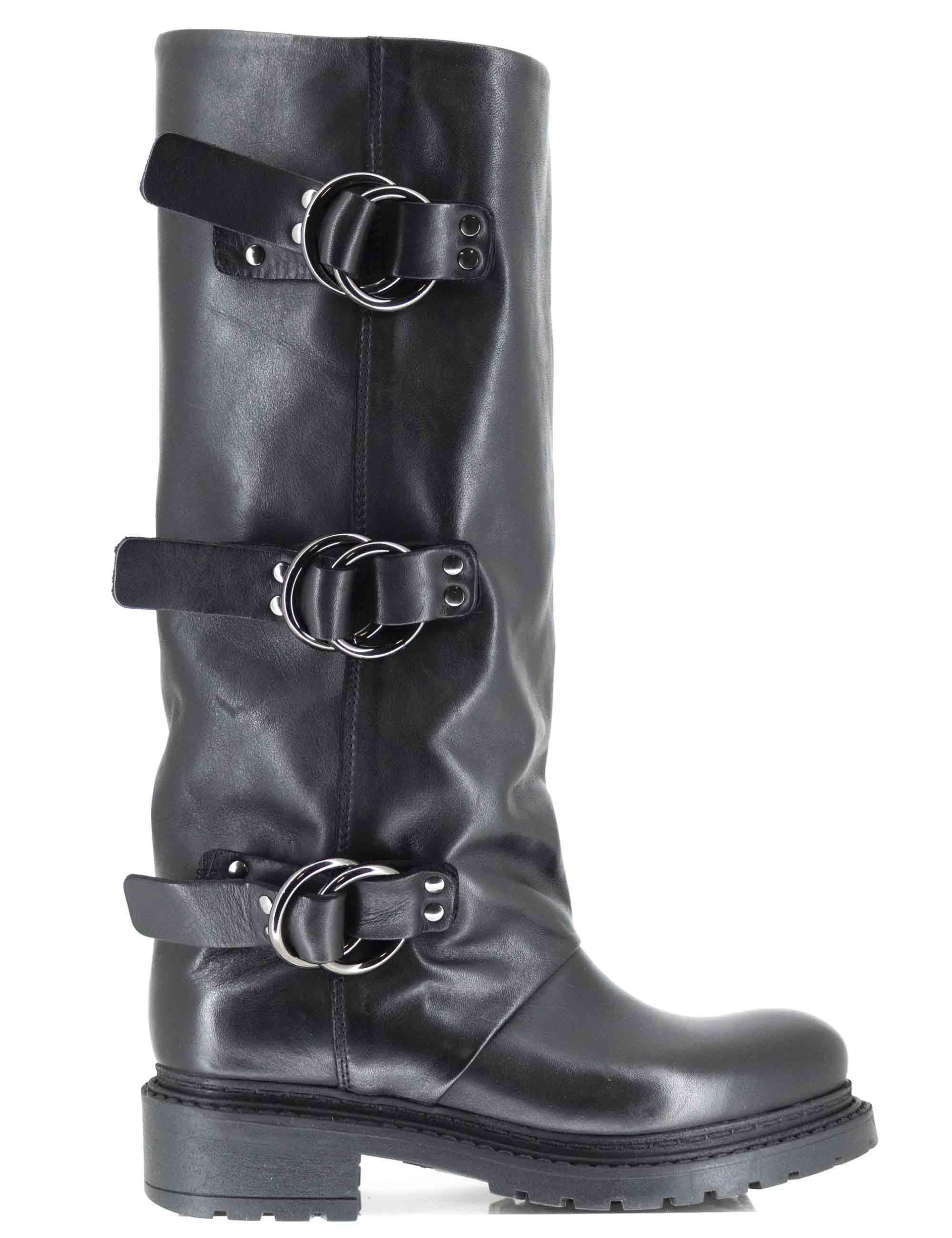 Stivali anfibi donna in pelle nera con fibbie laterali SPMA2460 001 Spatarella 