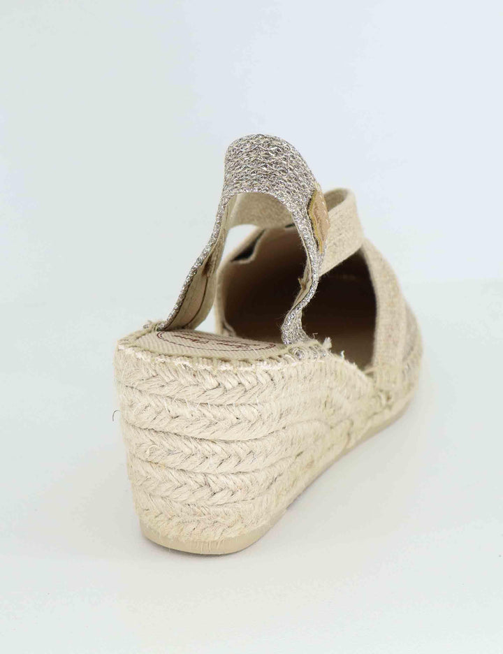 Sandali espadrillas donna in tessuto laminato argento con elastici Triton Plati Toni Pons 