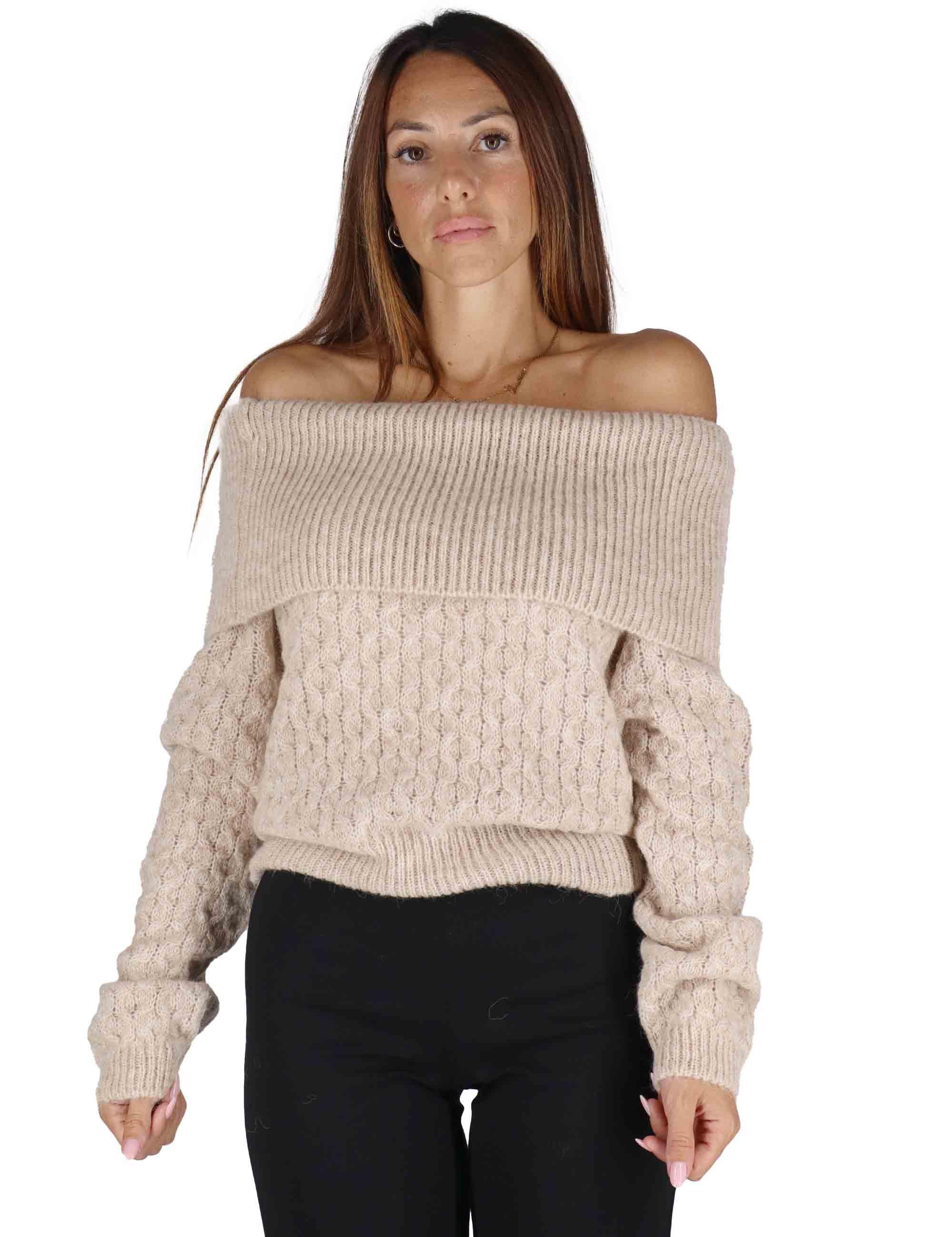 Maglioni donna in lana beige a trecce con scollo a barca JABMF0025-G067 220 Justmine 