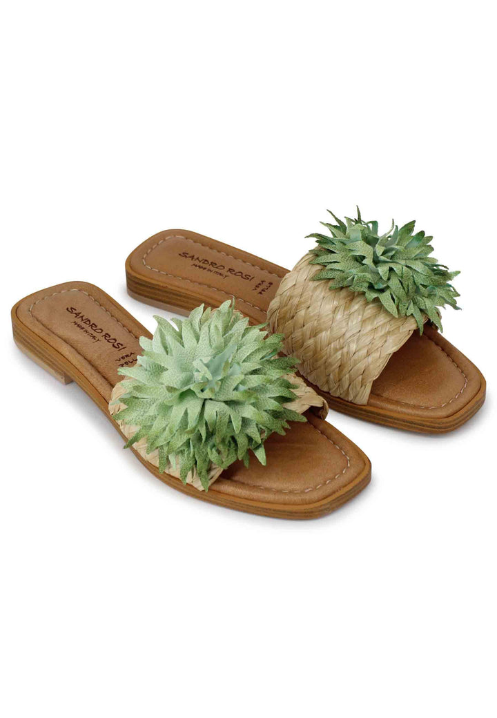 Sandali flat donna in tessuto naturale con fiore verde SR3739 005 Sandro Rosi 