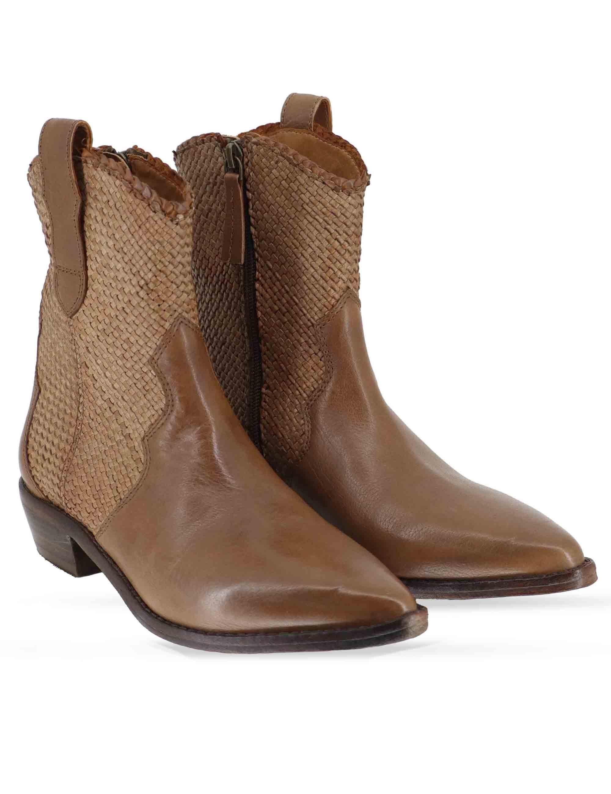 Stivaletti donna in pelle intrecciata cuoio con tacco basso 261-304-14 MOCHA Zolfo 