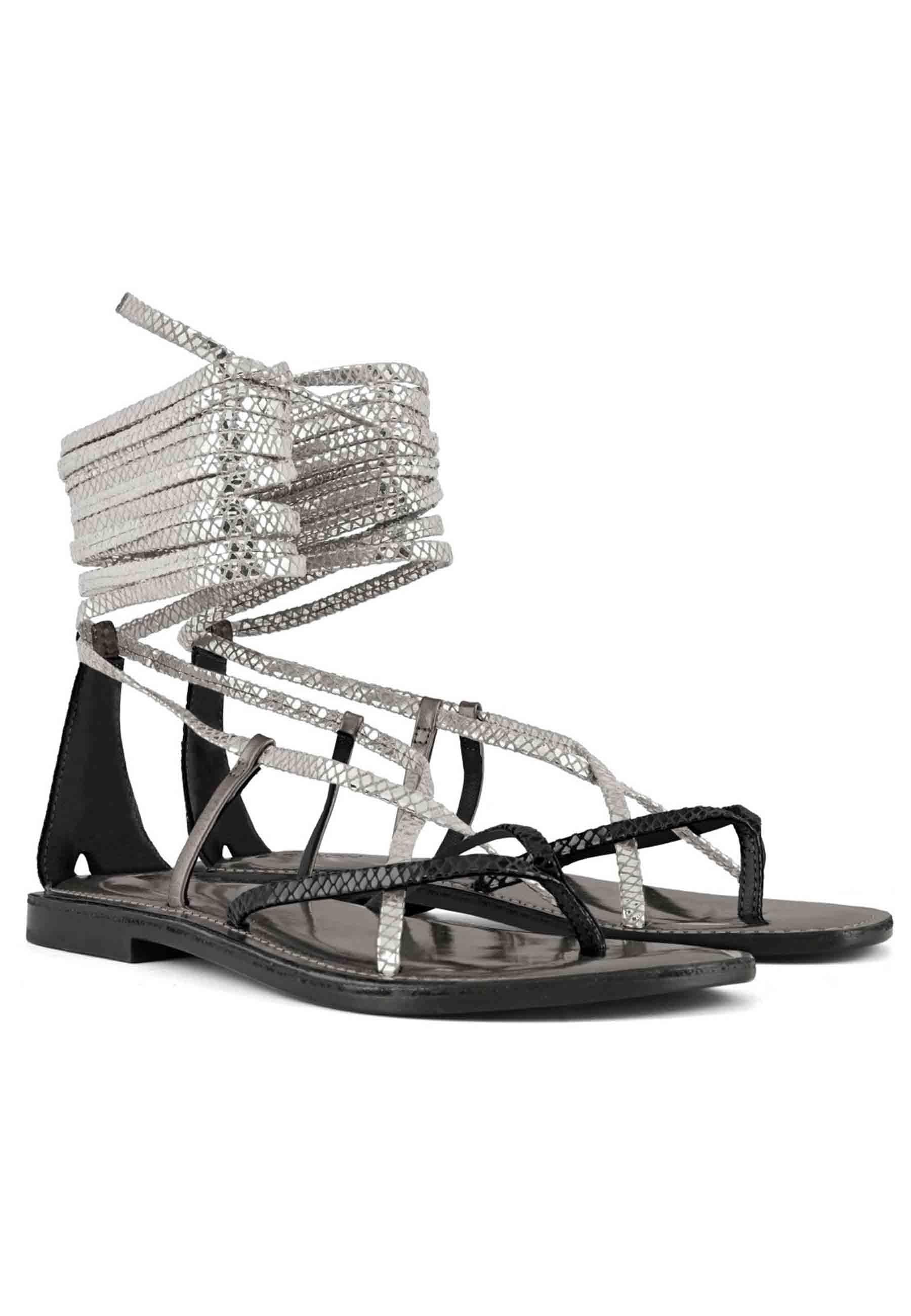 Sandali flat donna infradito in pelle nera con lacci alla caviglia 223016 BLA Coral Blue 