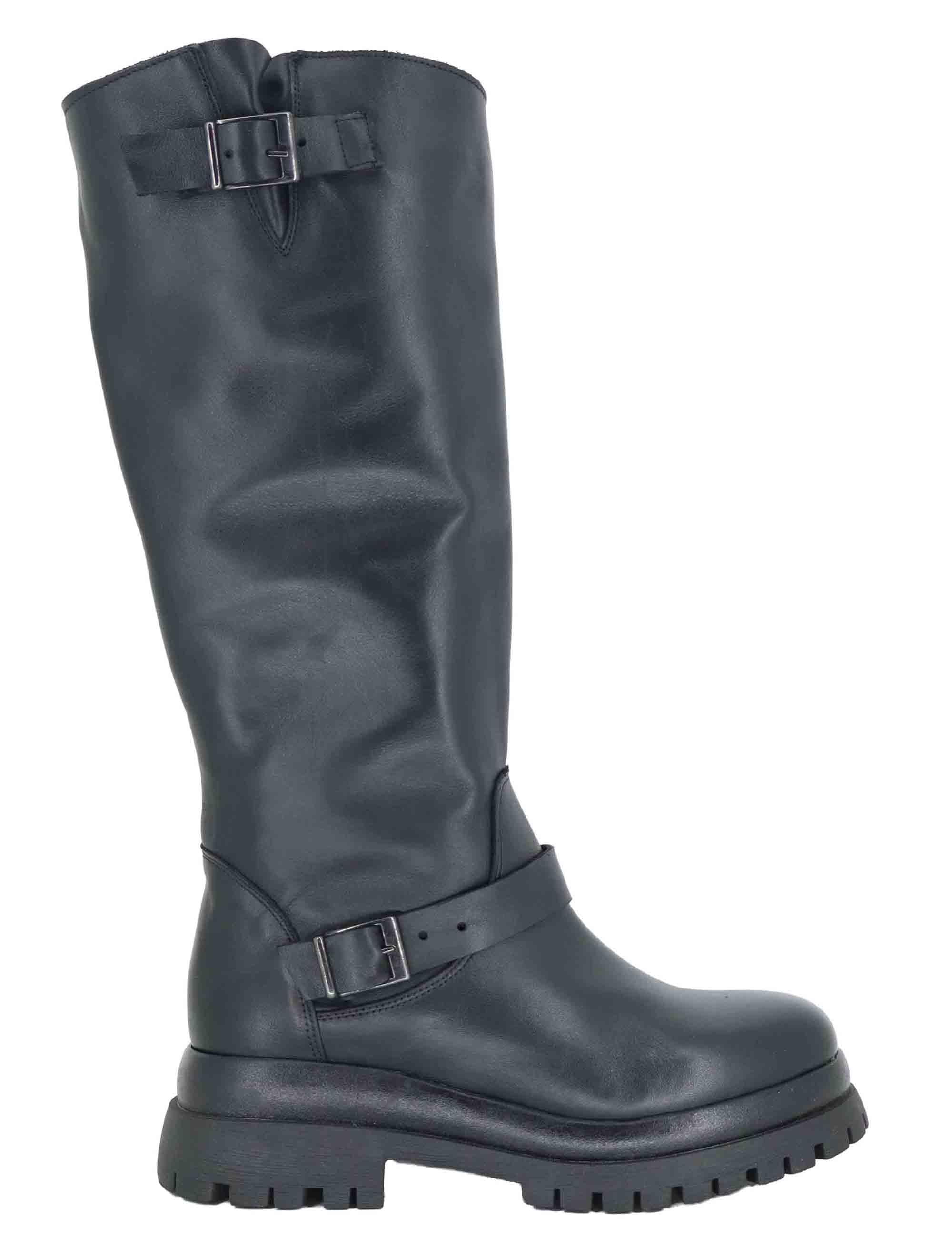 Stivali donna in pelle nera con doppi cinturini e suola carrarmato SP1000ST 001 Spatarella 