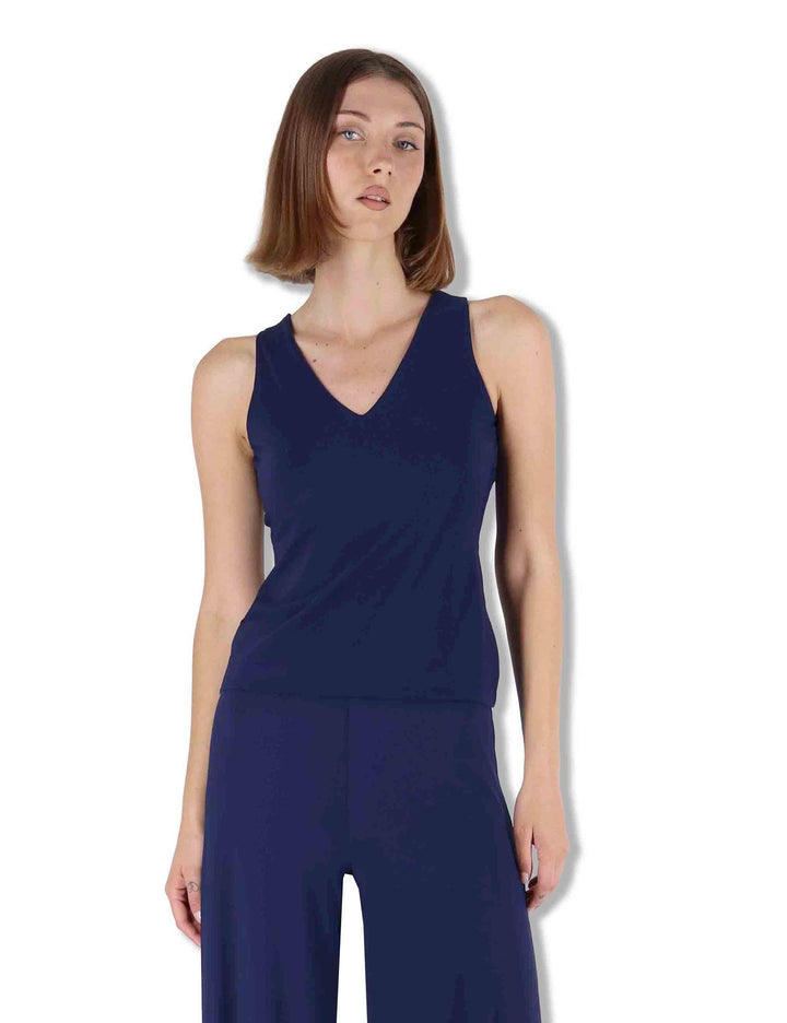 Top donna Soft Jersey in blu con scollo a V e giromaniche JP556470210 80043 Maliparmi 