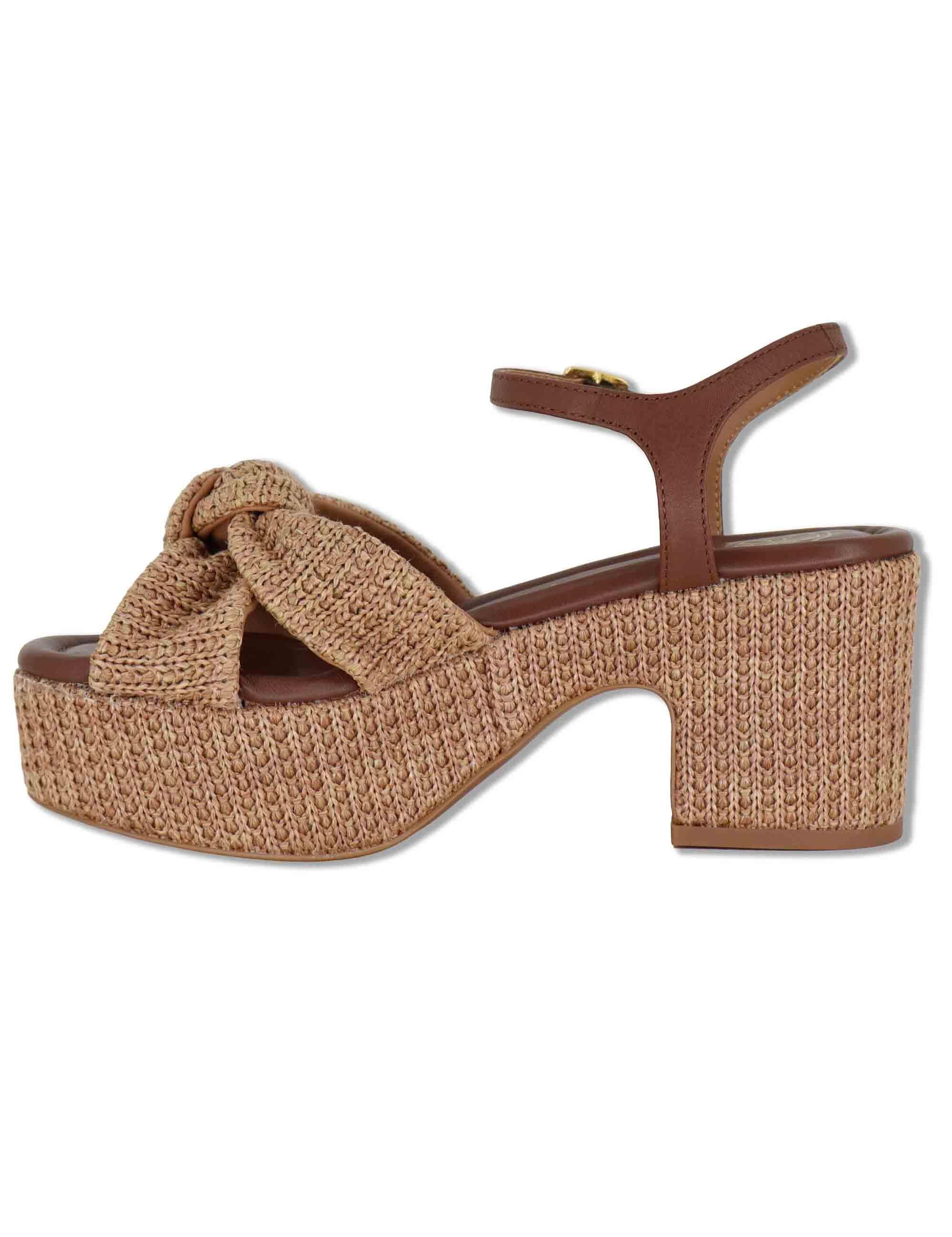 Sandali donna in pelle intrecciata marrone con cinturino e zeppa alta KASIDI RH GRA BOMBON Unisa 