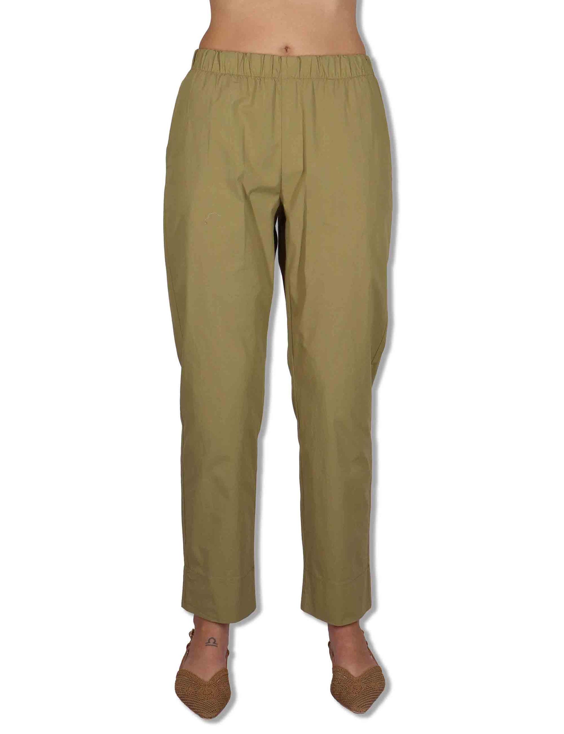 Pantaloni donna in cotone verde a gamba dritta con elastico in vita PINA OVO_KAKI TreBarraBi 