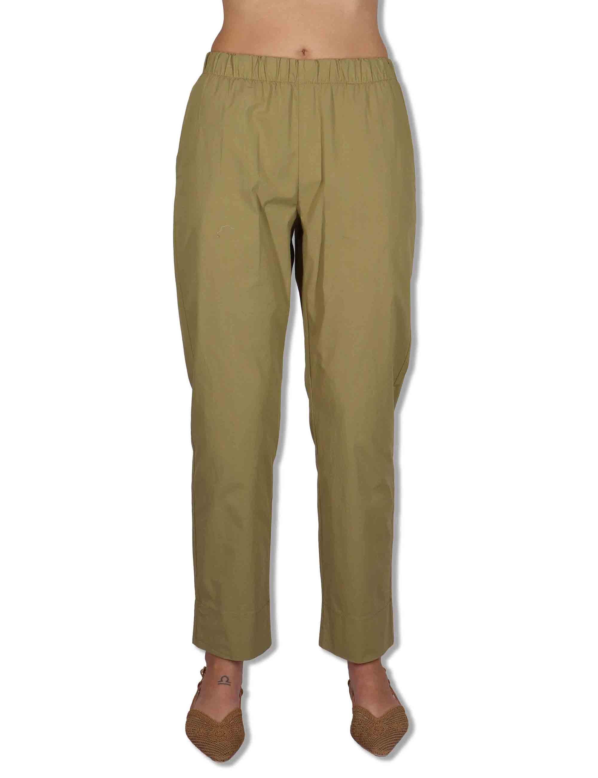 Pantaloni donna in cotone verde a gamba dritta con elastico in vita PINA OVO_KAKI TreBarraBi 