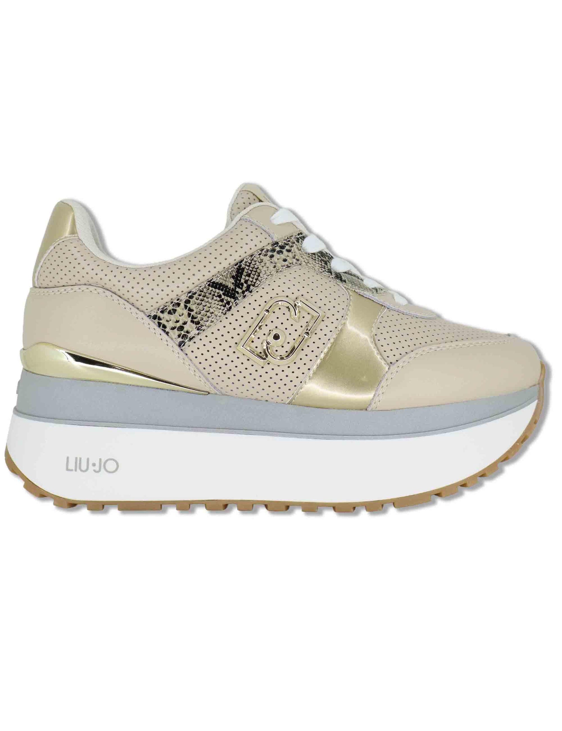 Sneakers donna in pelle beige con riporti in contrasto  e suola alta 5cm MAXI WONDER 02 BIS ROPE/LIGHT GOLD Liu-Jo 