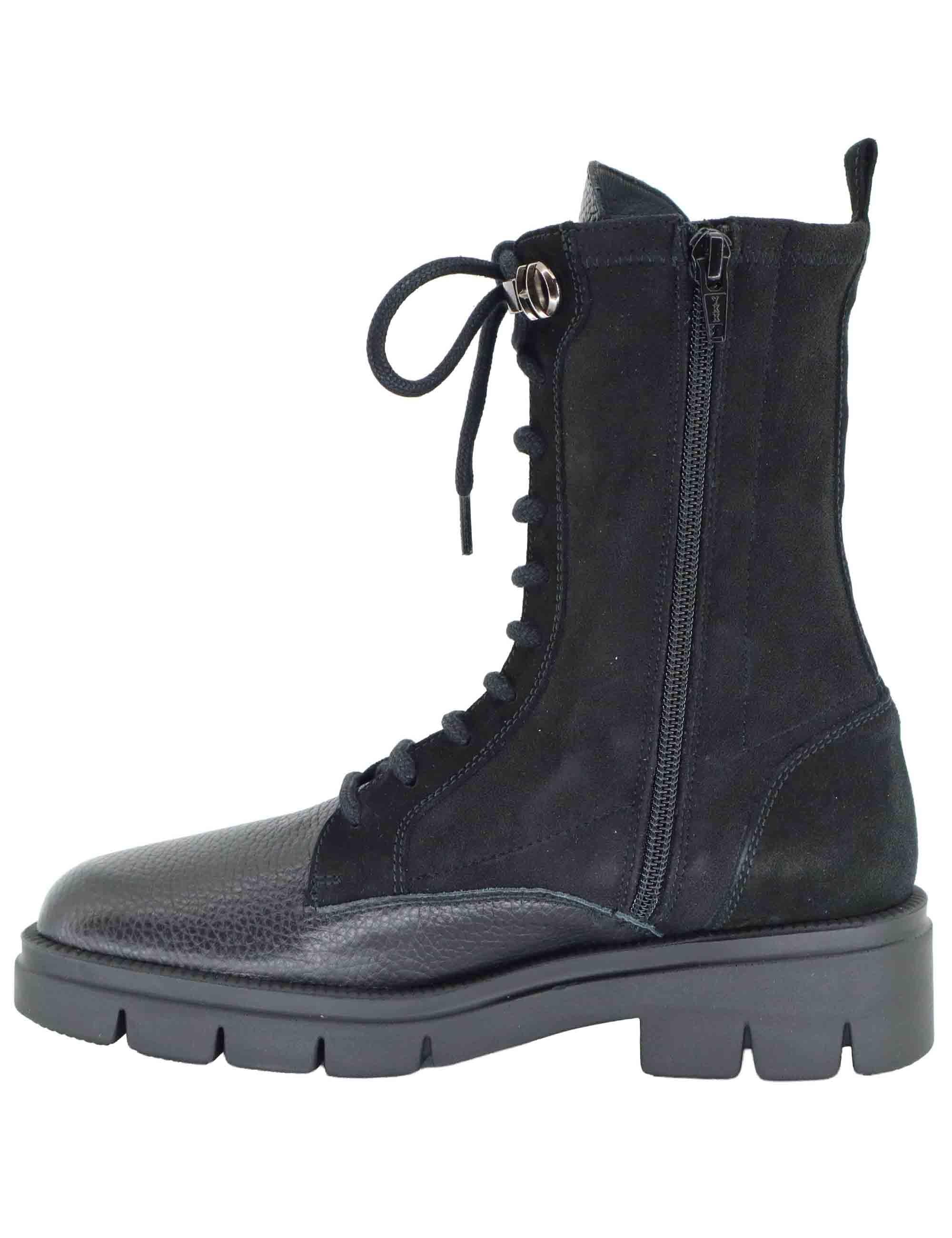 Stivaletti anfibi donna in pelle e tessuto nero con suola carrarmato HI254234 C012 Hispanitas 