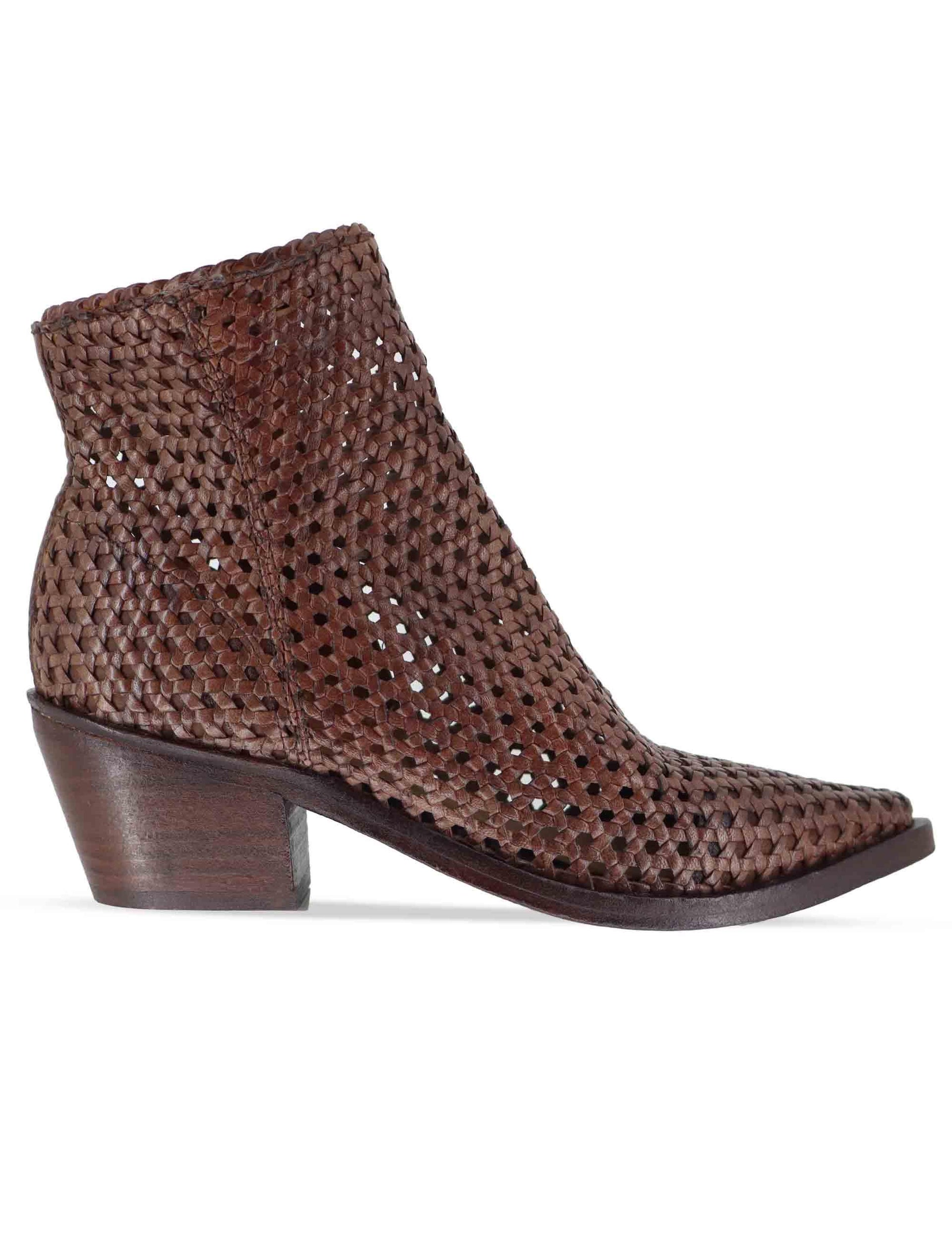 Stivaletti donna in pelle intrecciata cuoio con tacco messicano 261-303-19 BROWN Zolfo 