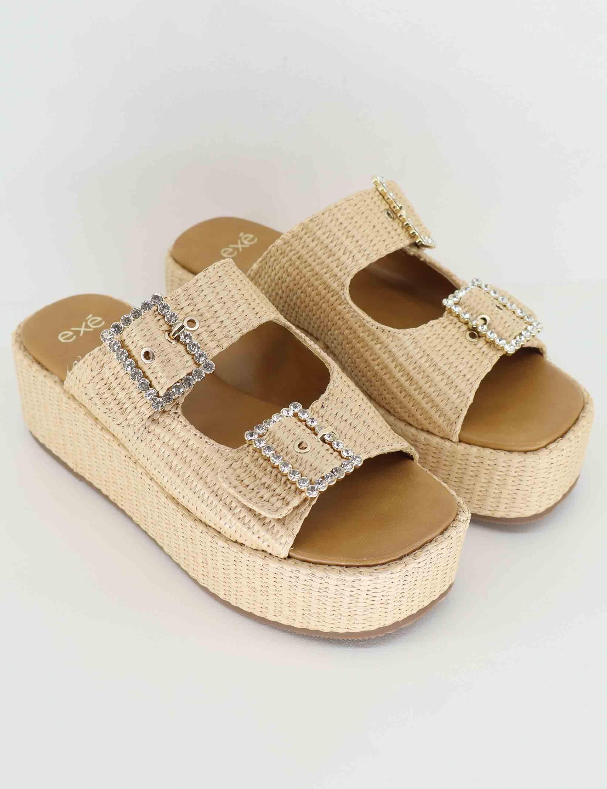 Sandali donna in rafia beige con zeppa e fibbe laterali U47002523284 3166-0 Exe 