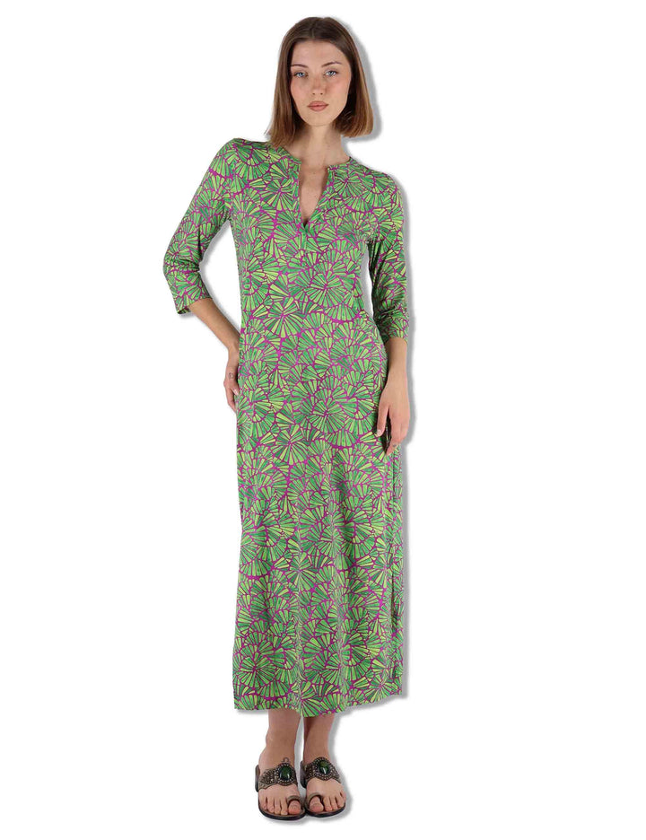 Abiti lunghi donna Shell in tessuto stampato verde con maniche a 3/4 JF667370672 A5032 Maliparmi 