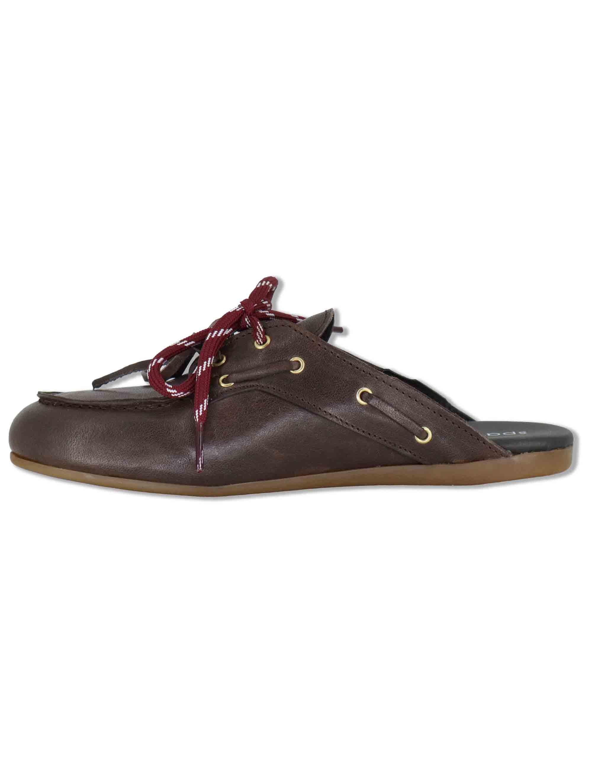 Sabot donna in pelle marrone con doppi lacci e suola bassa in gomma SP91 014 Spatarella 