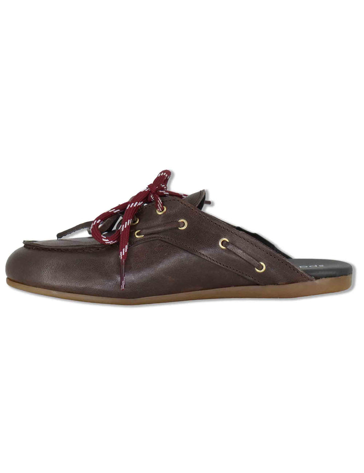 Sabot donna in pelle marrone con doppi lacci e suola bassa in gomma SP91 014 Spatarella 