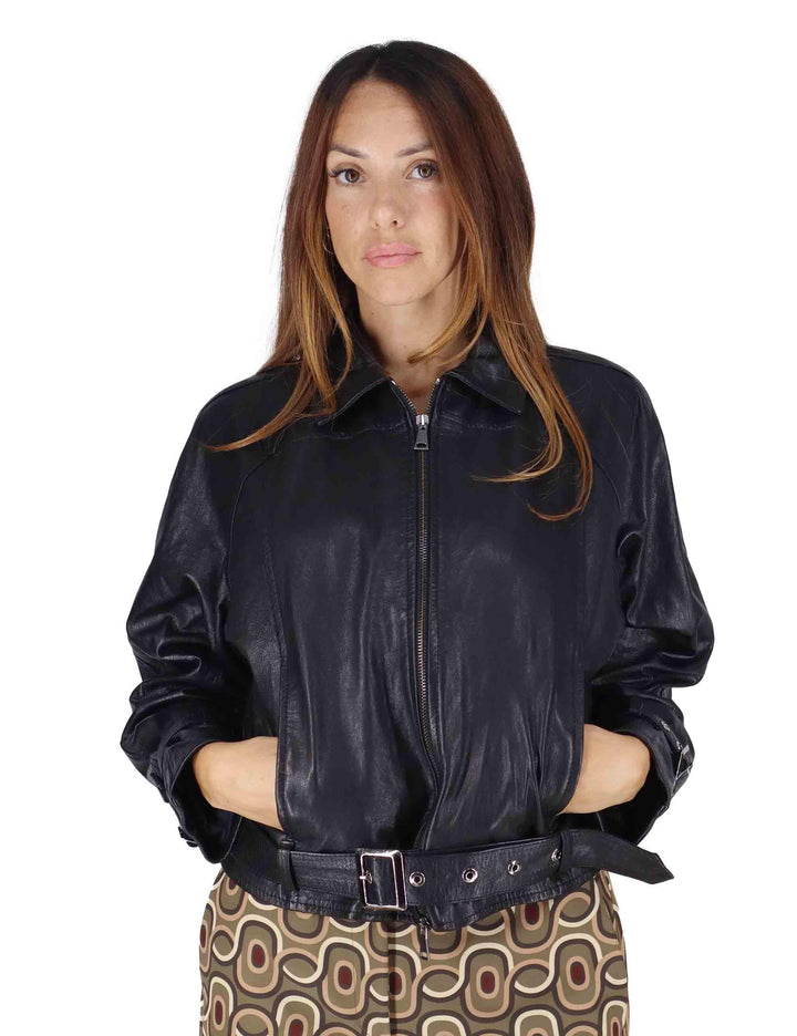 Giubbini donna in pelle nera taglio chiodo con cintura in vita SP2471 001 Spatarella 