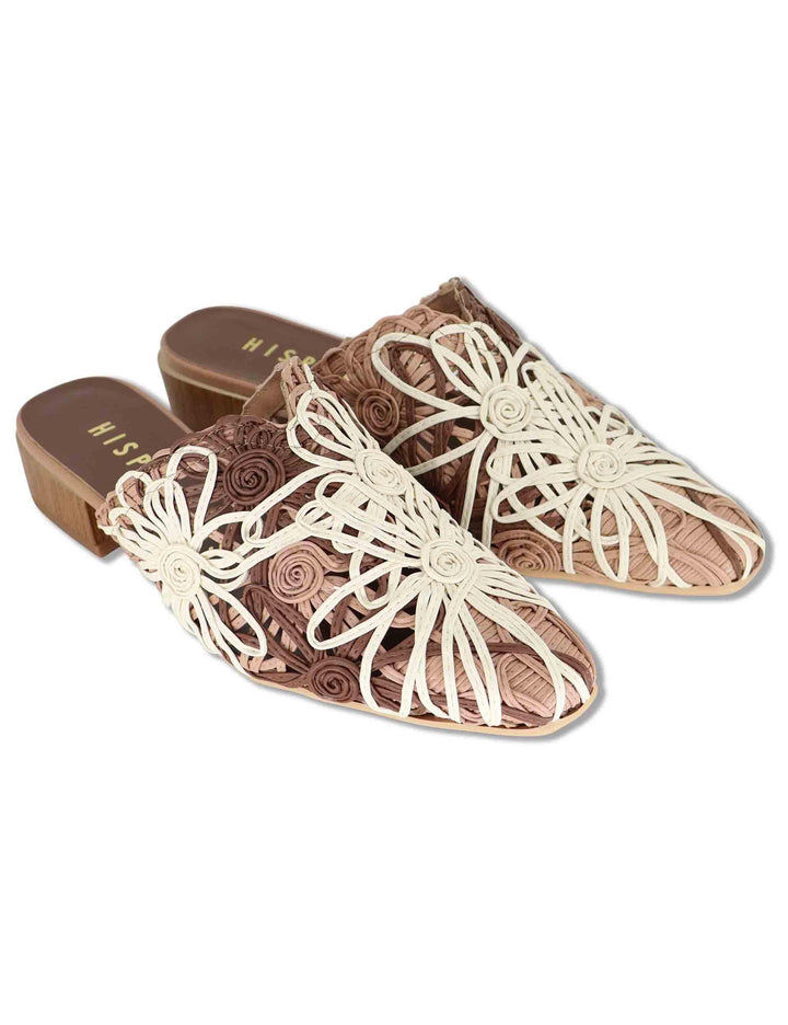 Mule donna in pelle marrone e naturale ricamato con tacco basso HV264840 NATURALES Hispanitas 