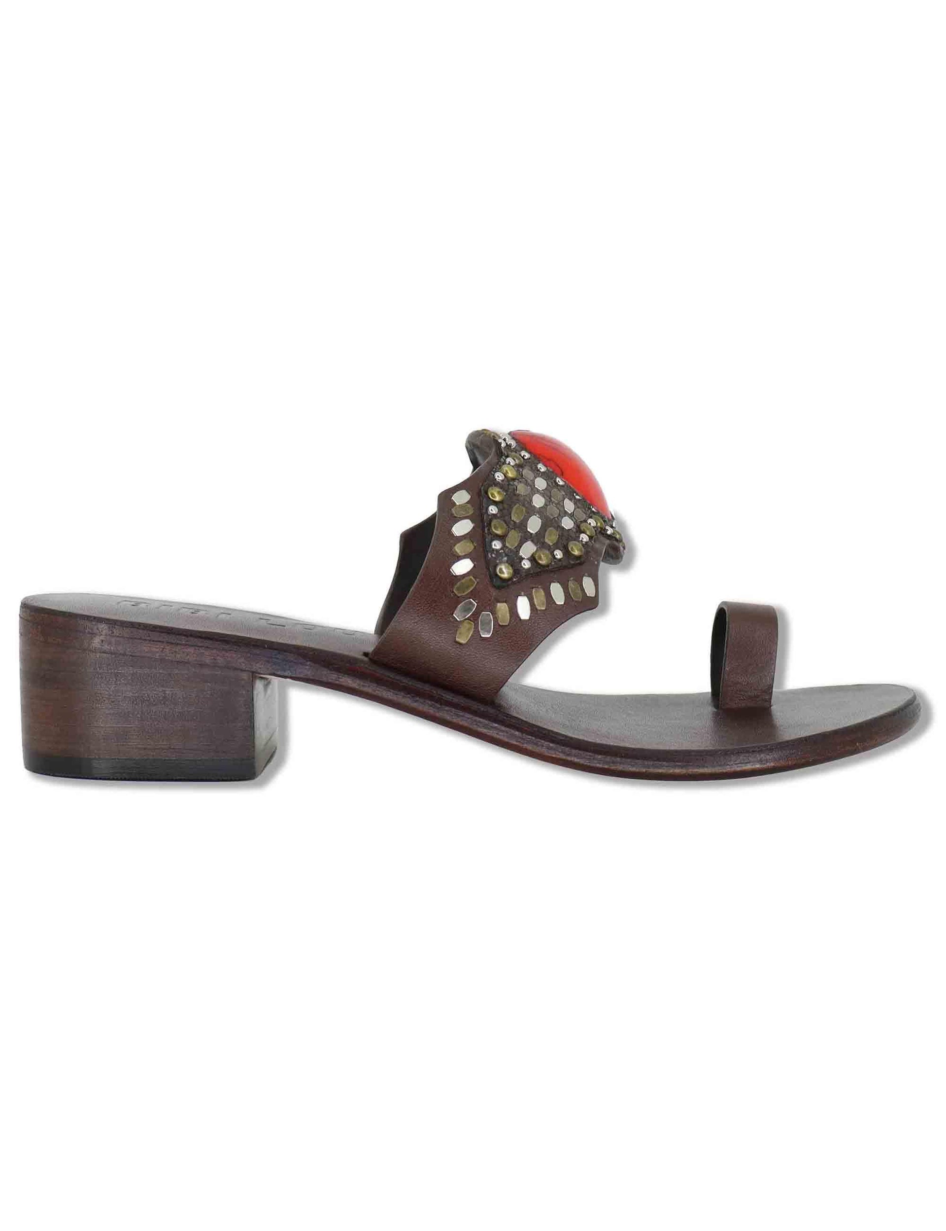 Sandali donna infradito in camoscio marrone con pietre e tacco medio in cuoio Teak 979Z88KW 40-ROJO Bibi Lou 