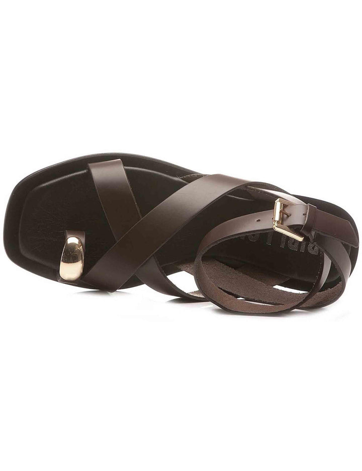 Sandali donna infradito in pelle marrone con borchie oro e tacco basso 902Z08AA 90-MARRON Bibi Lou 