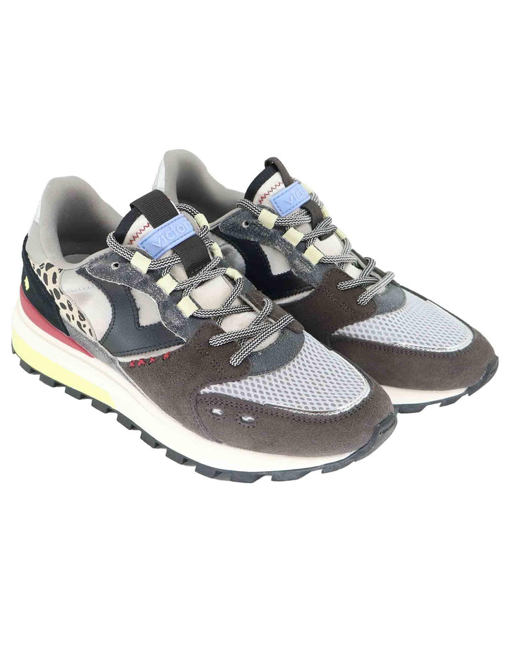 Sneakers donna in pelle nera e tessuto con animalier 1156113 Negro Victoria 