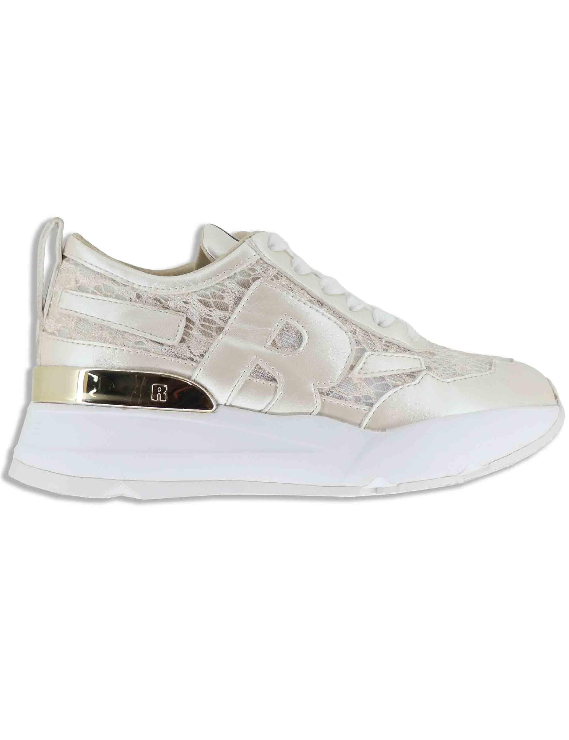 Sneakers donna in pelle e pizzo oro con zeppa alta in gomma 4009-84586 3 Ruco Line 