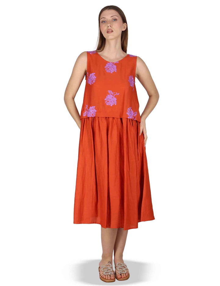 Abito donna Airy Midi Flow in lino rosso con stampa floreale JABAB0001-F1522-1232 2520 Justmine 