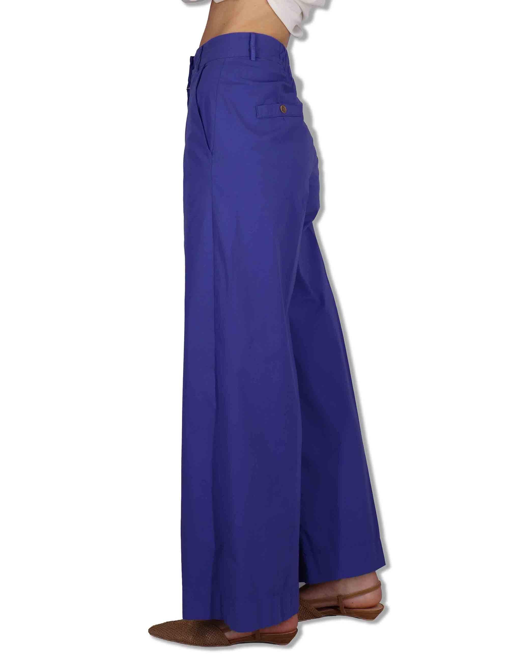 Pantaloni donna in cotone stretch blu a gamba larga PILEA OVO_IRIS TreBarraBi 