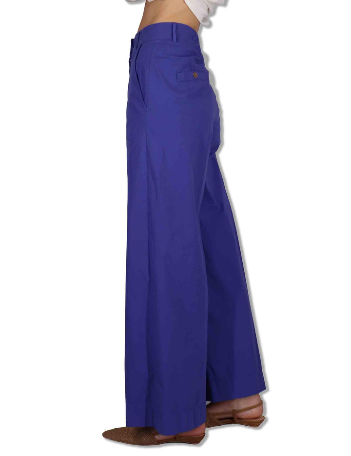 Pantaloni donna in cotone stretch blu a gamba larga PILEA OVO_IRIS TreBarraBi 