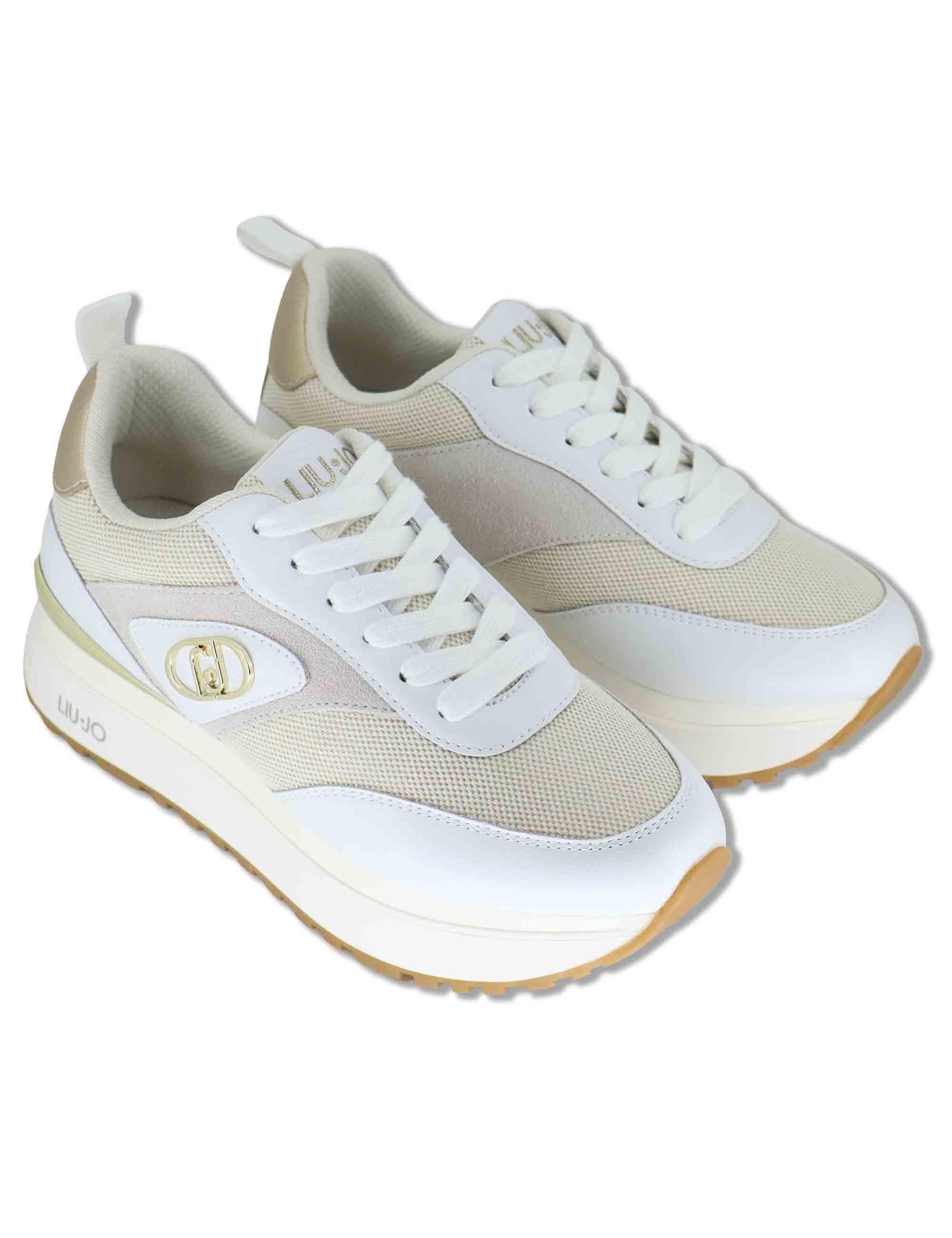 Sneakers donna in pelle e tessuto bianco con suola alta in gomma MAXI WONDER 97 BIS WHITE Liu-Jo 
