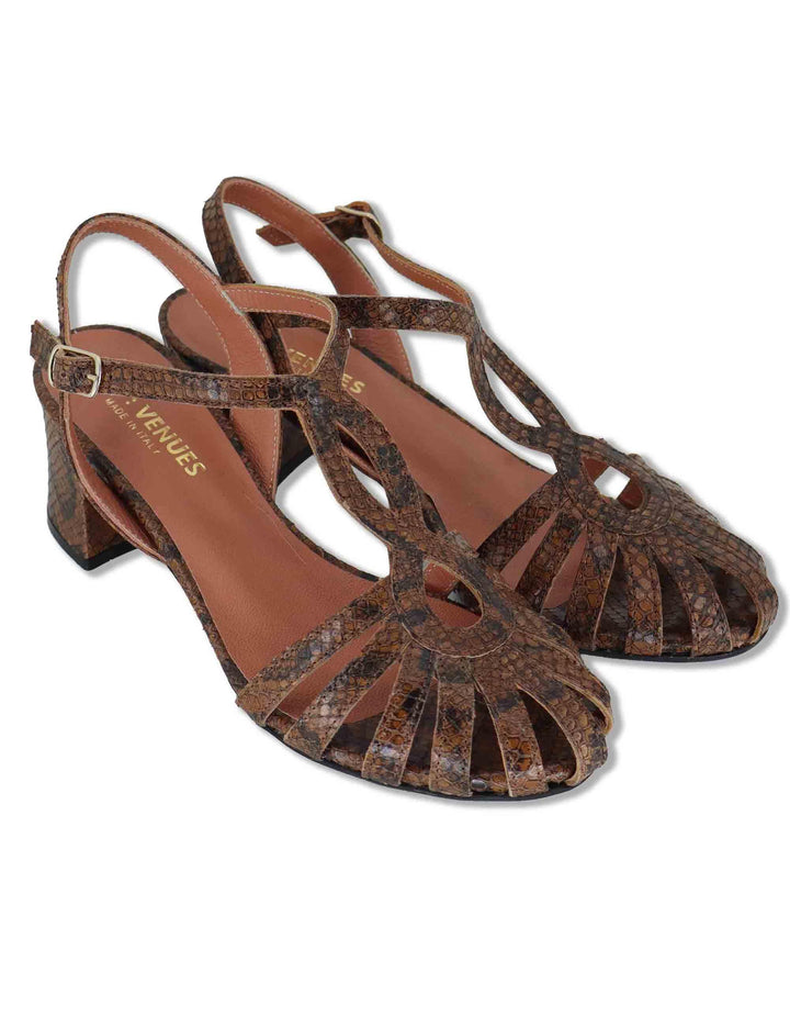 Sandali donna in pelle marrone con tacco medio e cinturino alla caviglia 9711 014 Les Venues 