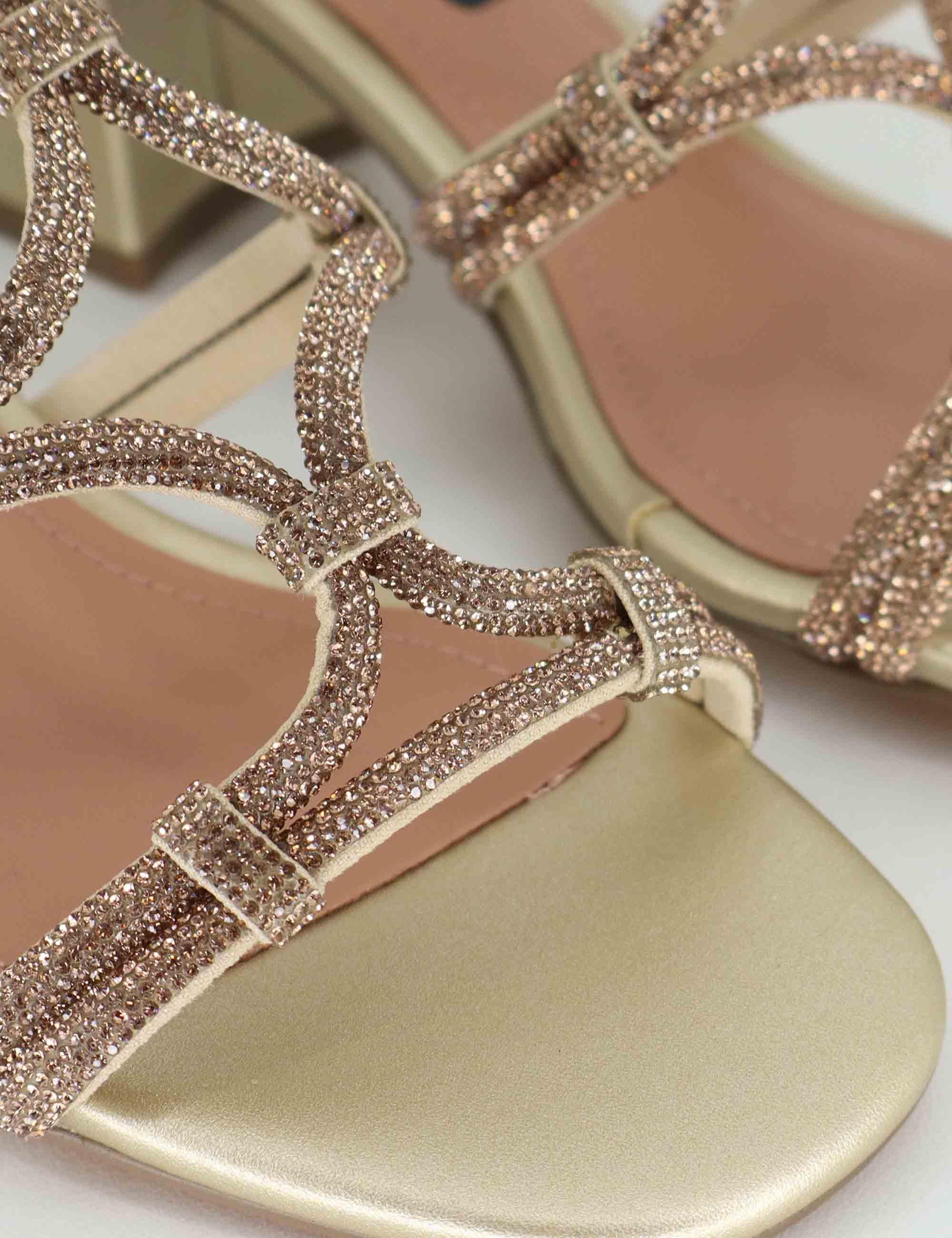 Sandali donna in pelle oro con strass e tacco medio Quail 958Z00HG 04-ORO Bibi Lou 