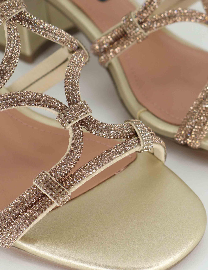 Sandali donna in pelle oro con strass e tacco medio Quail 958Z00HG 04-ORO Bibi Lou 