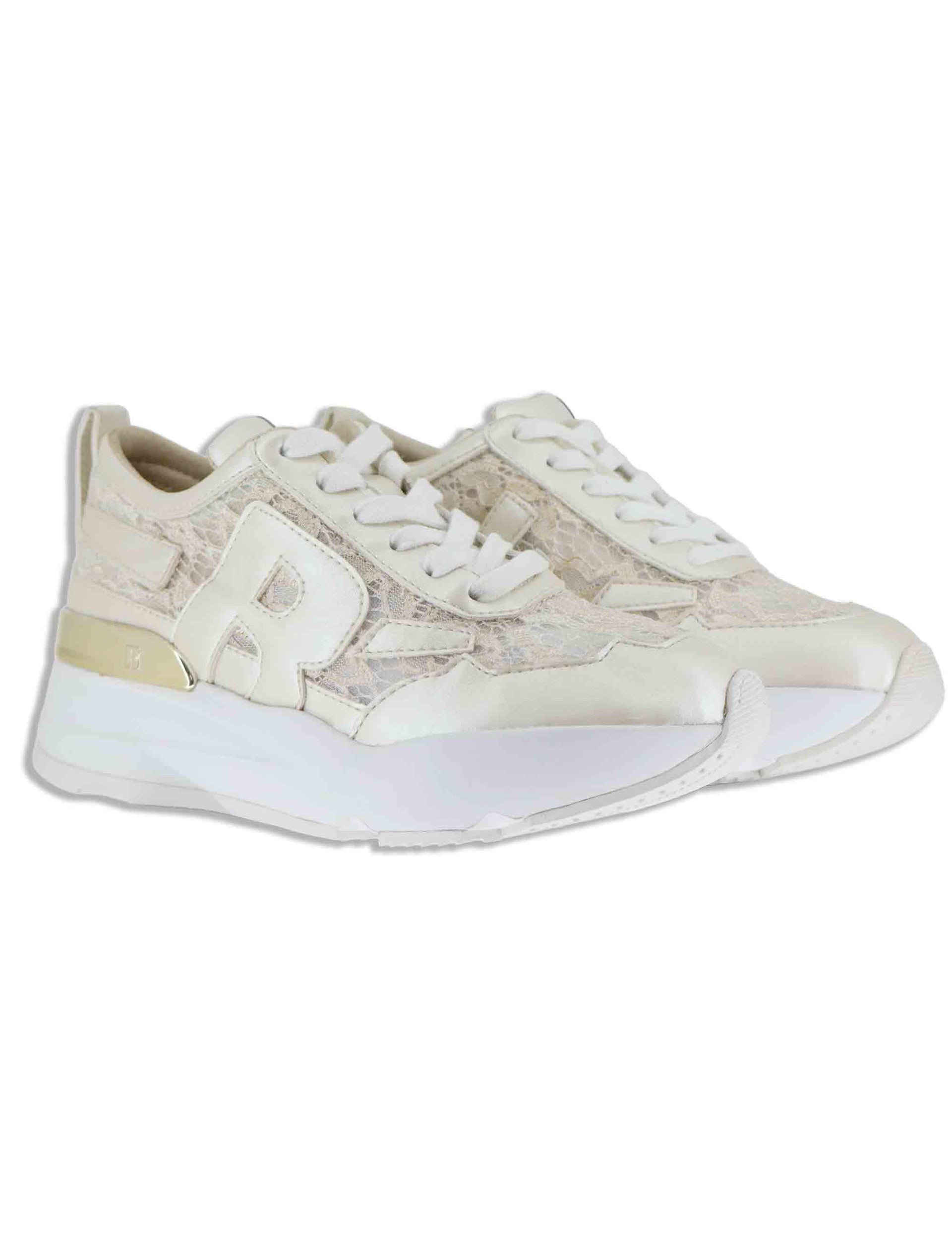 Sneakers donna in pelle e pizzo oro con zeppa alta in gomma 4009-84586 3 Ruco Line 