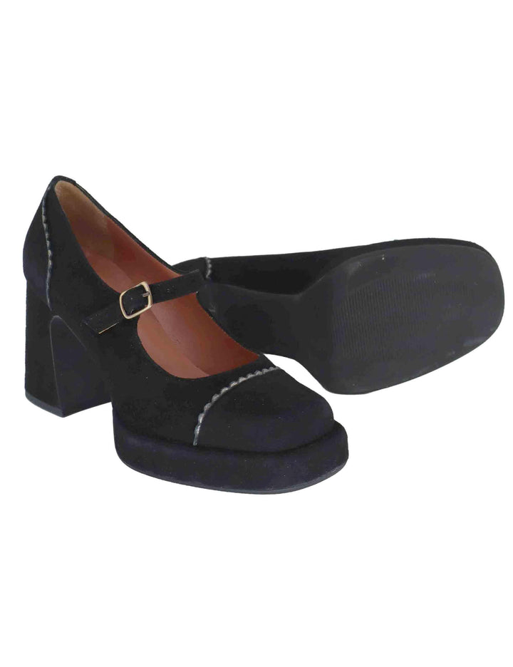 Decollete donna in camoscio nero con cinturino e tacco alto 9619Z 001 Les Venues 