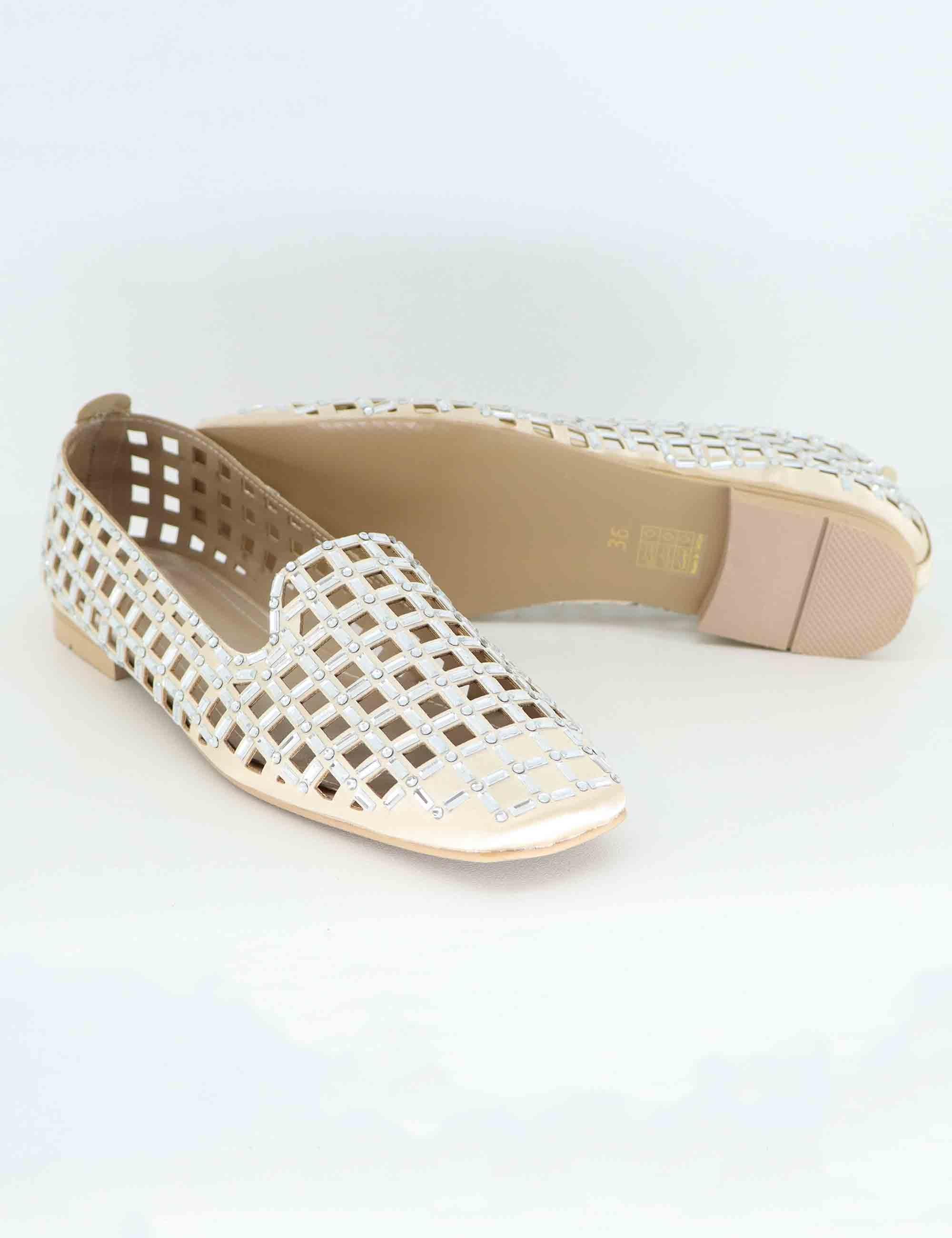 Mocassini donna in tessuto beige con strass U128B09014C6 SMP09 Exe 