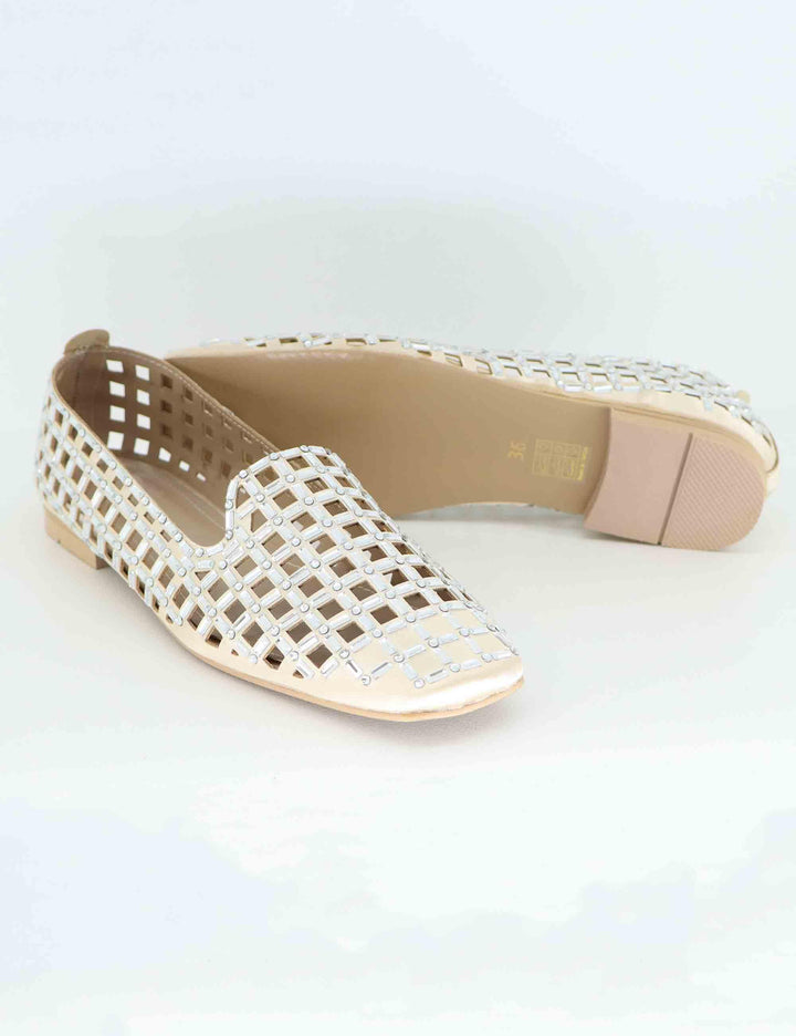 Mocassini donna in tessuto beige con strass U128B09014C6 SMP09 Exe 